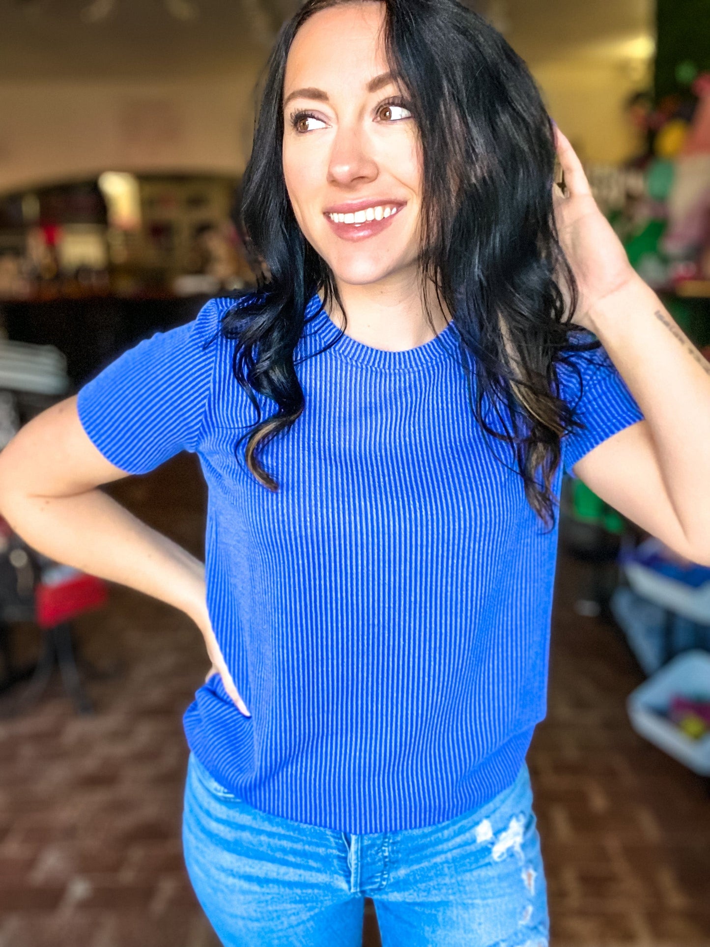 Tops Ribbed Crew Neck Tee Indigo