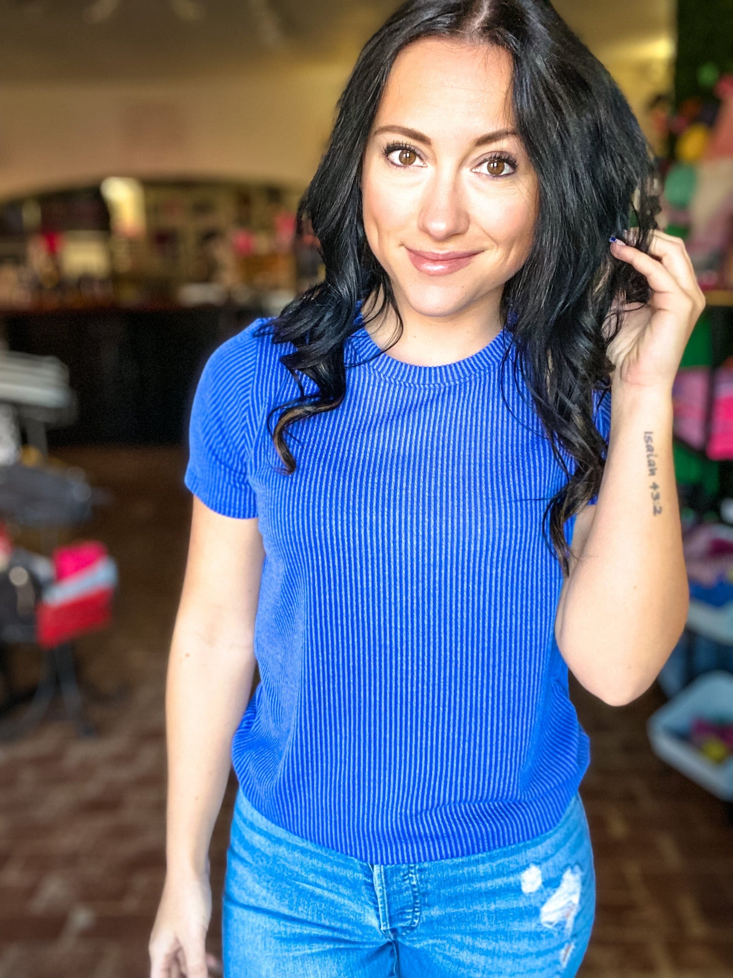 Tops Ribbed Crew Neck Tee Indigo