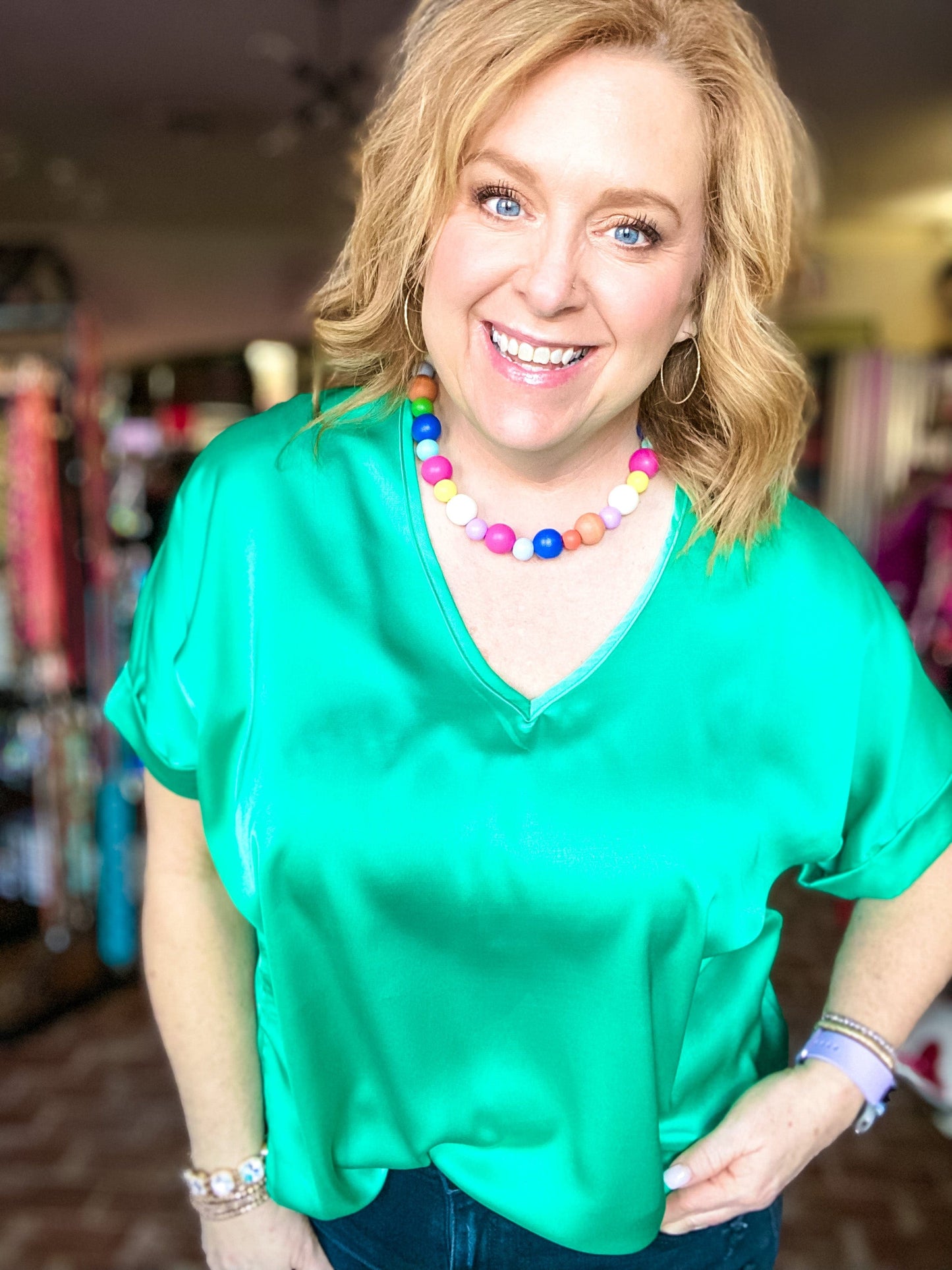 Tops Silky Shimmer Top- Emerald
