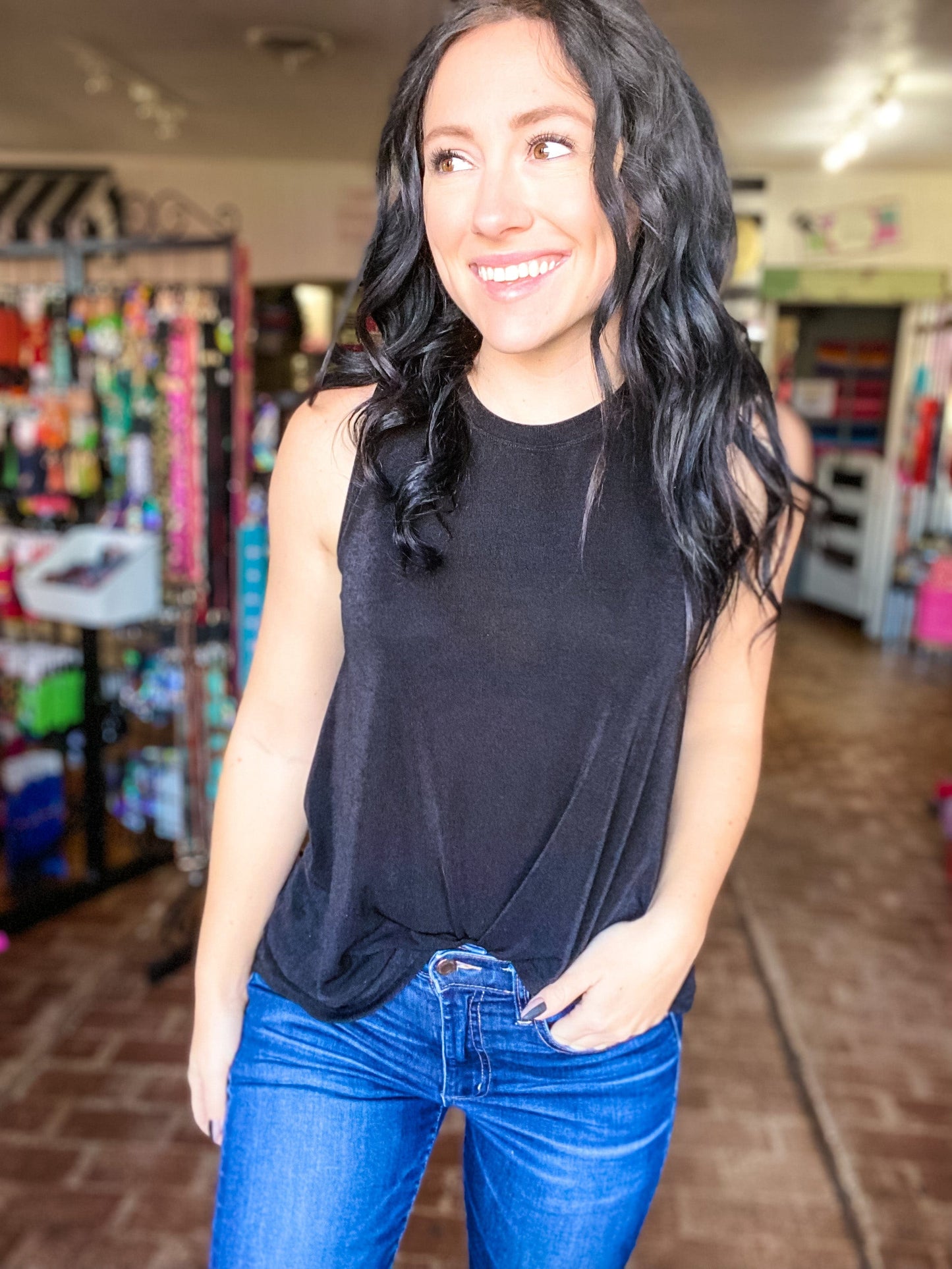 sweatshirt Slinky Sleeveless Top- Black