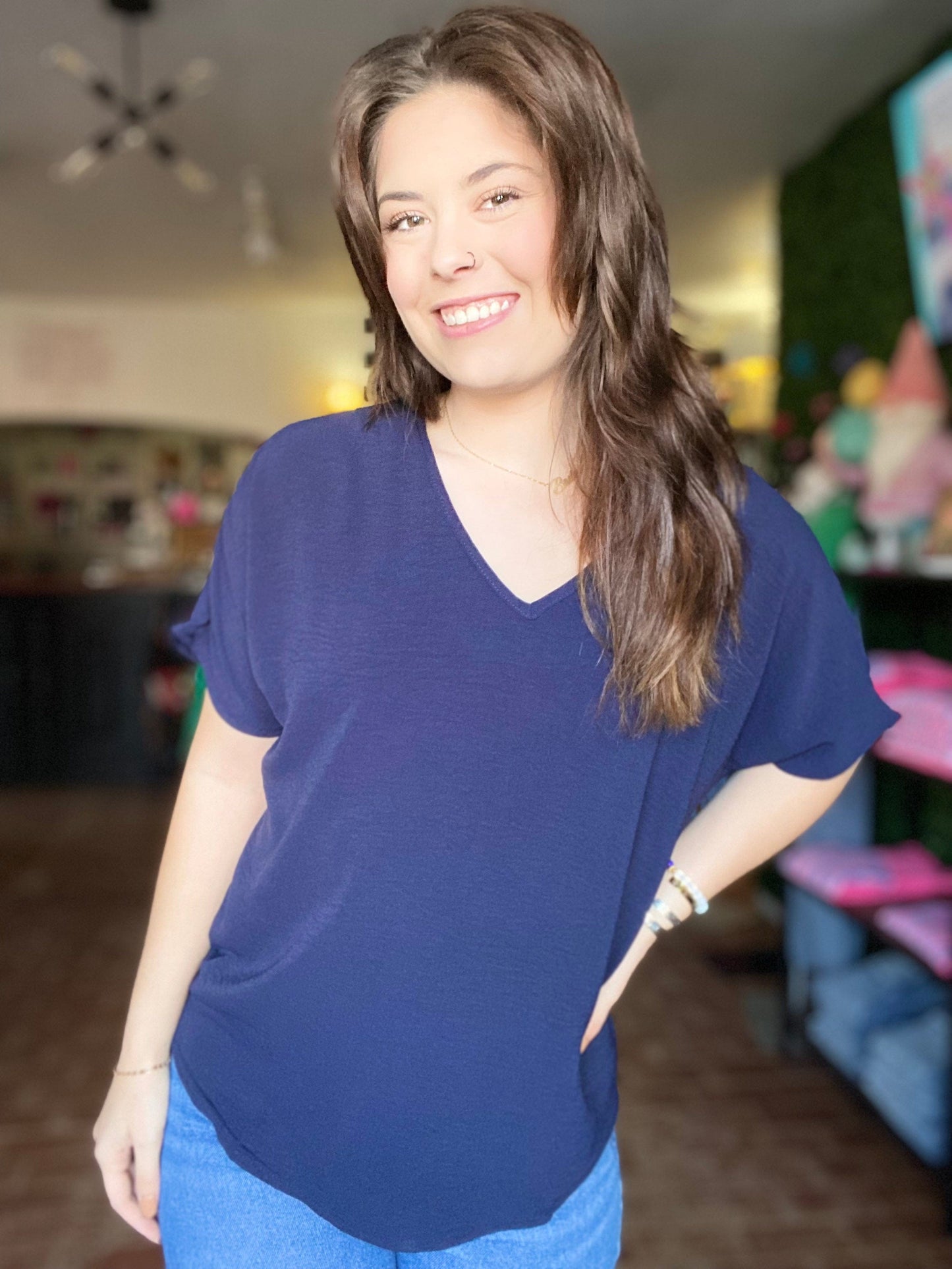 Shirts & Tops Vera V-neck Top- Navy