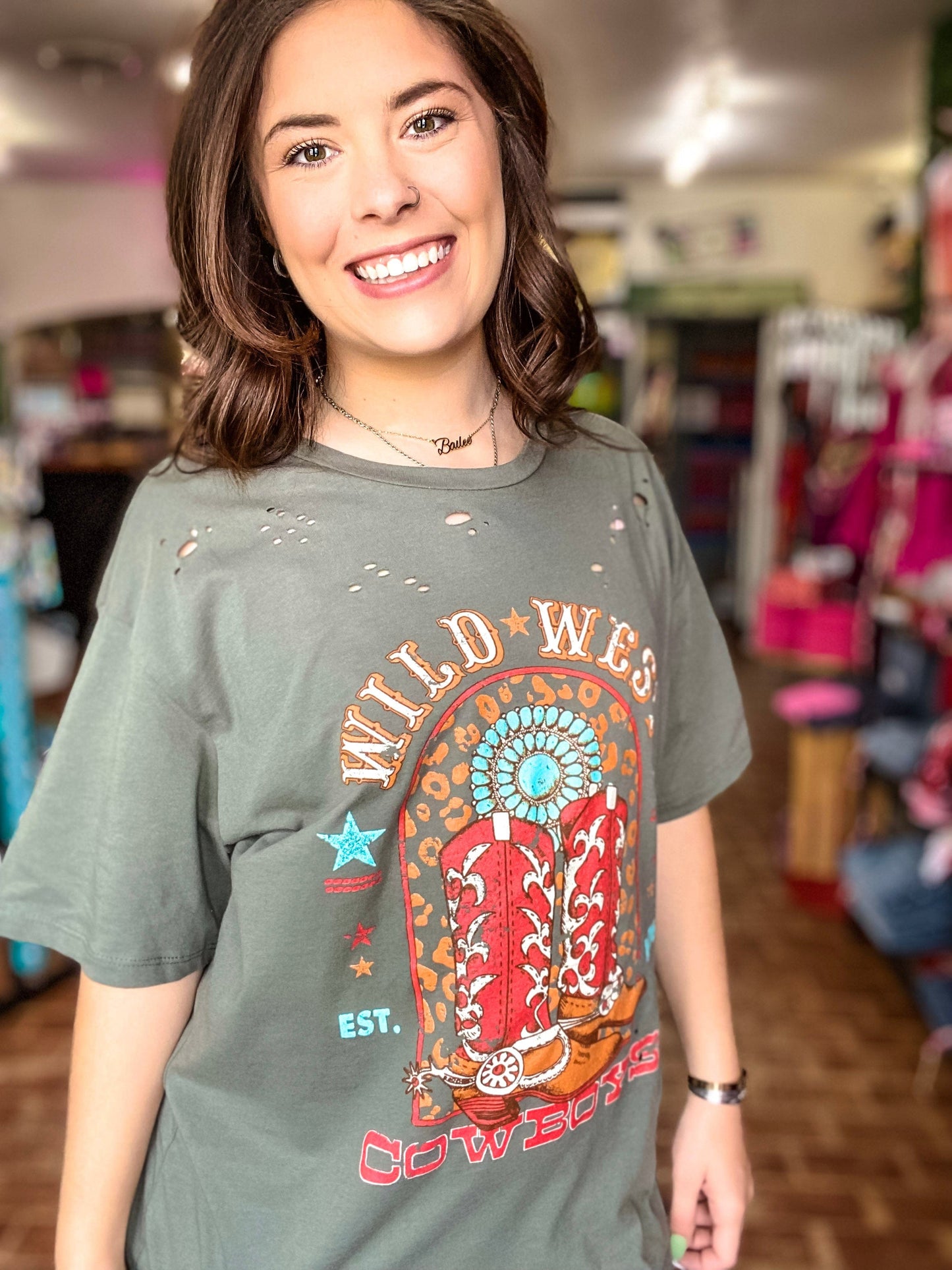 Graphic Tees Wild West Cowboy Boots-Olive