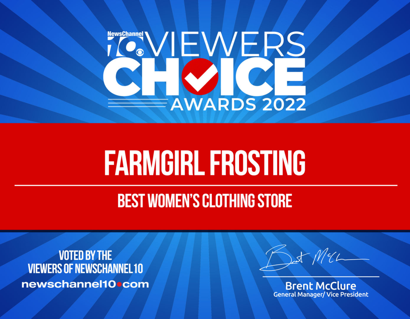 Award for Best Women's Clothing Store by News Channel 10 Viewer's Choice Awards