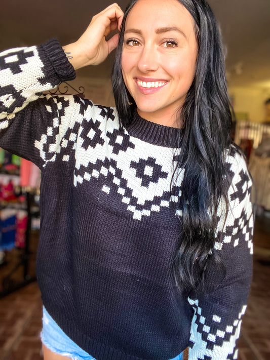 Tops Black and White Aztec Sweater