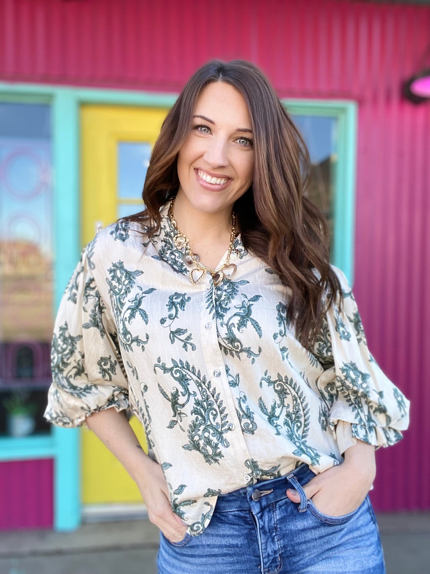 Tops Cady Floral Balloon Sleeve Top- Cream & Teal