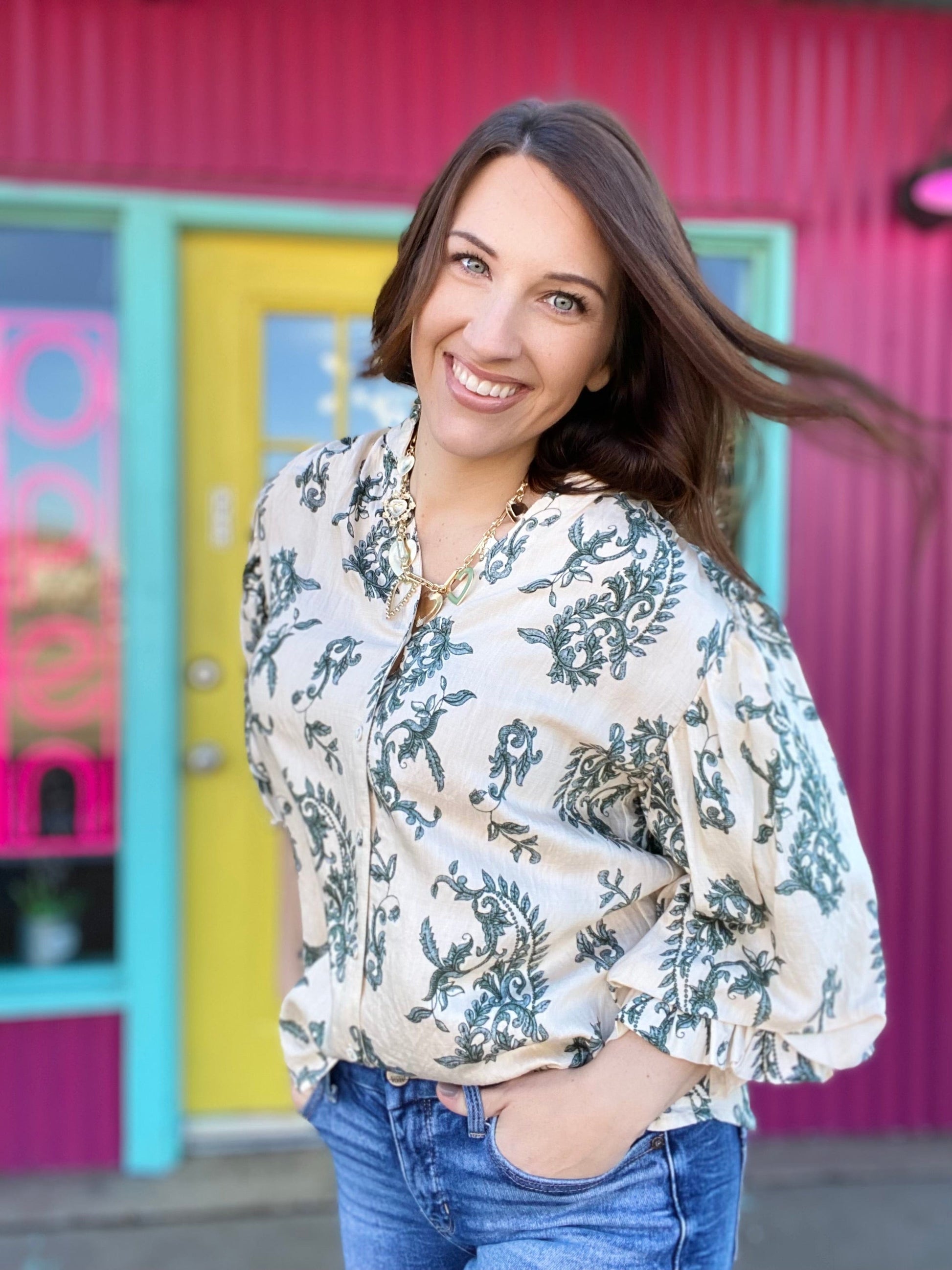 Tops Cady Floral Balloon Sleeve Top- Cream & Teal