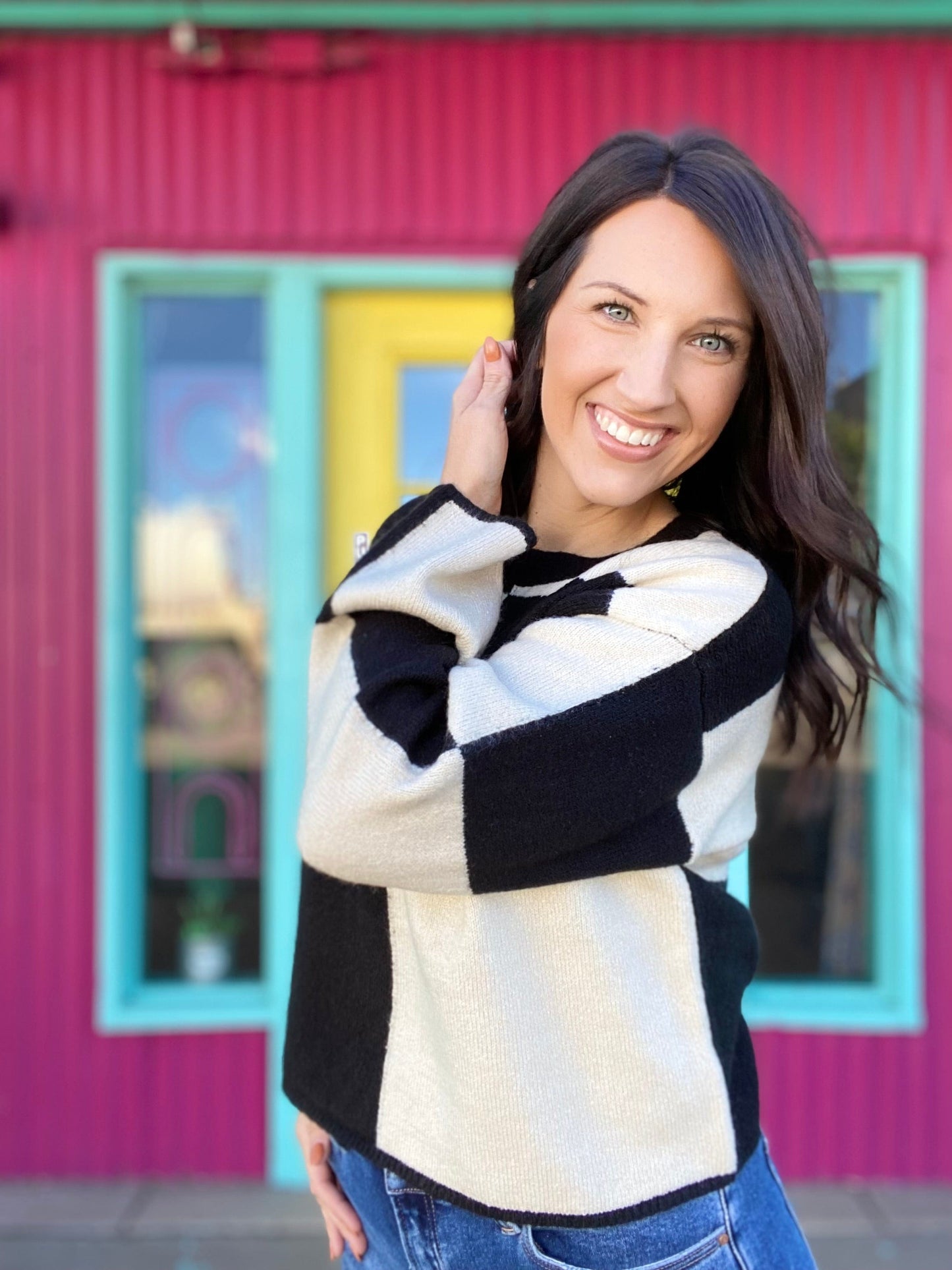 Shirts & Tops Checked Sweater- Cream and Black
