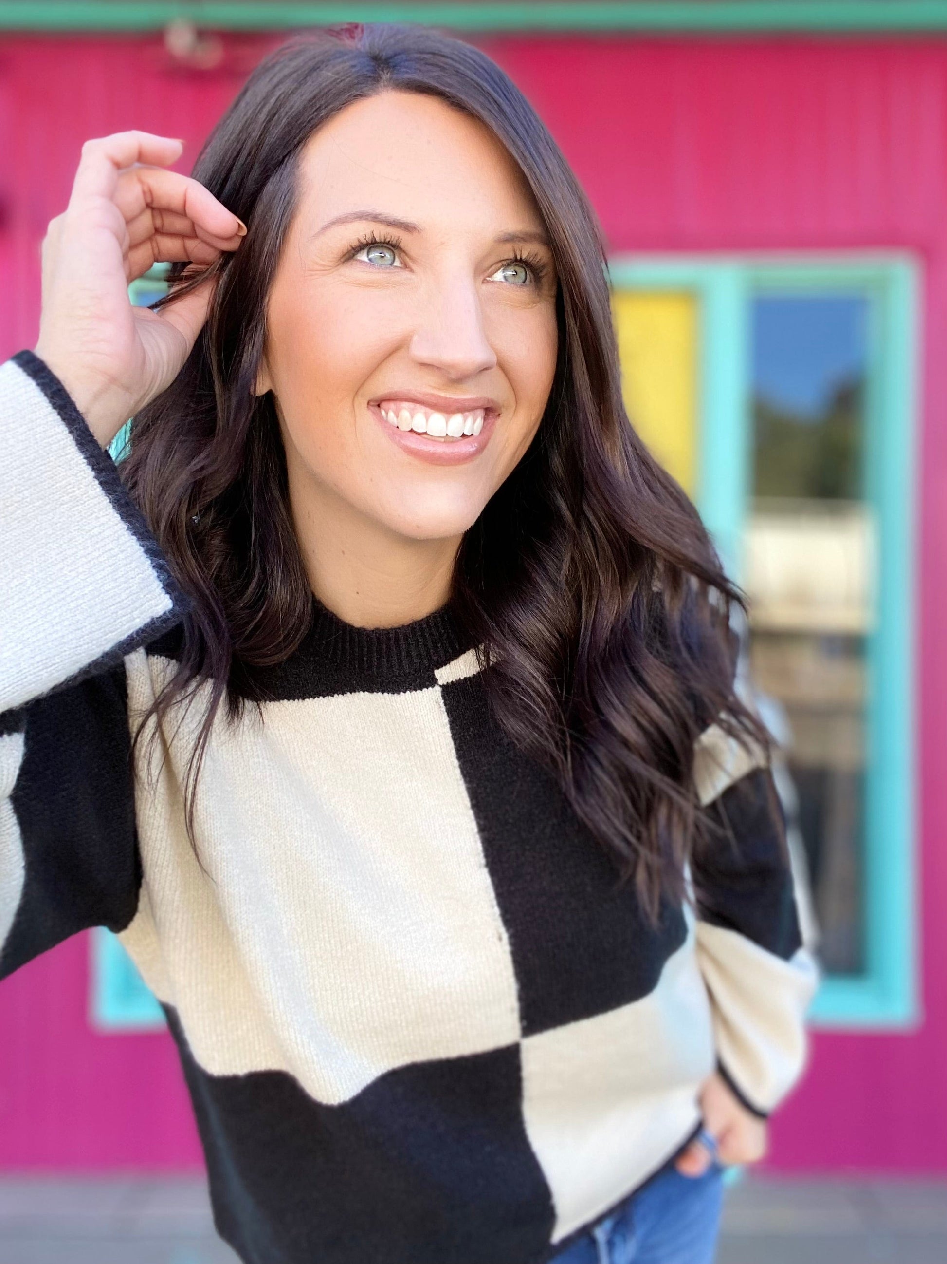 Shirts & Tops Checked Sweater- Cream and Black