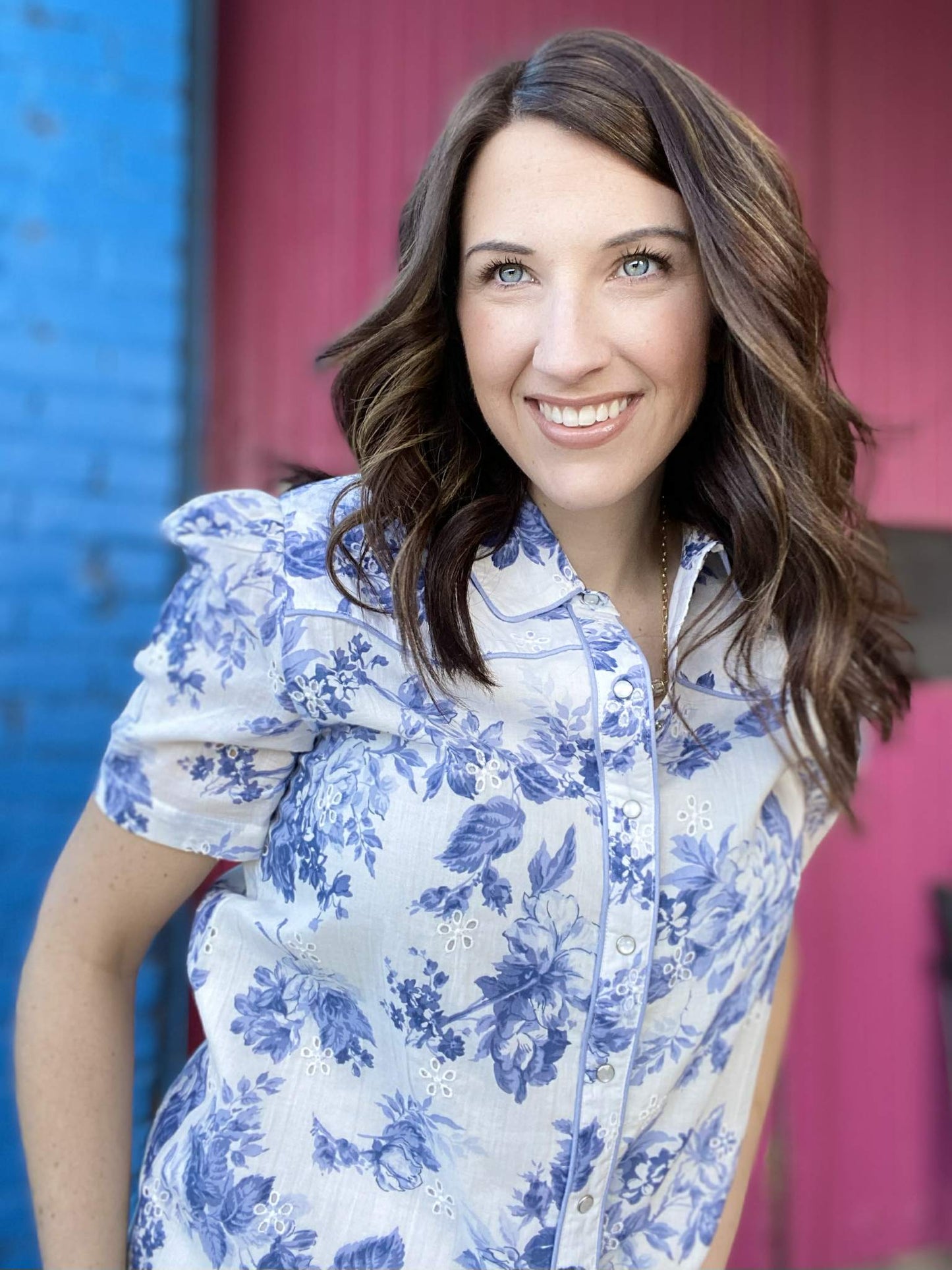 Tops China Blue Pearl Snap Blouse