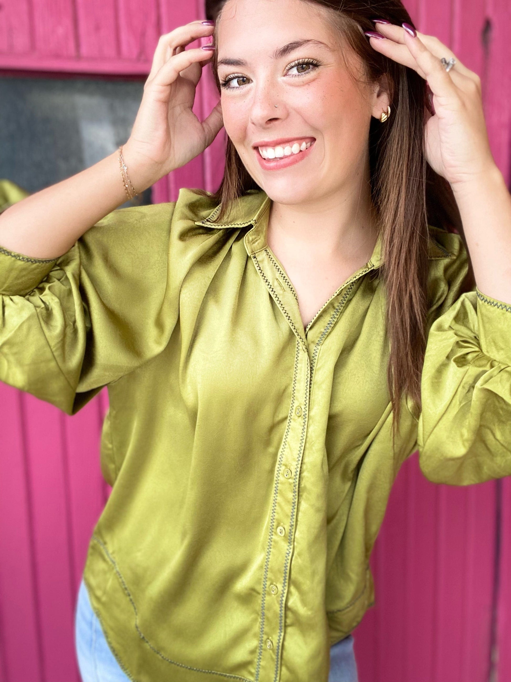 Tops Clarke Button Front Blouse- Apple