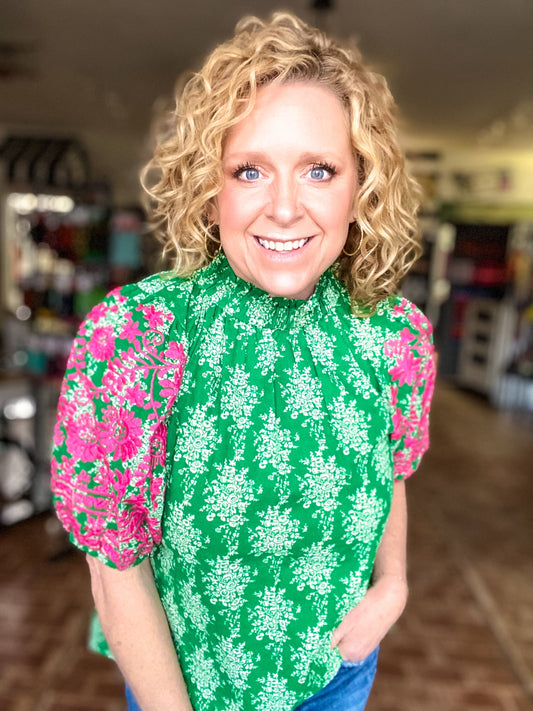 Tops Embroidered Green Floral Puff Sleeve Top