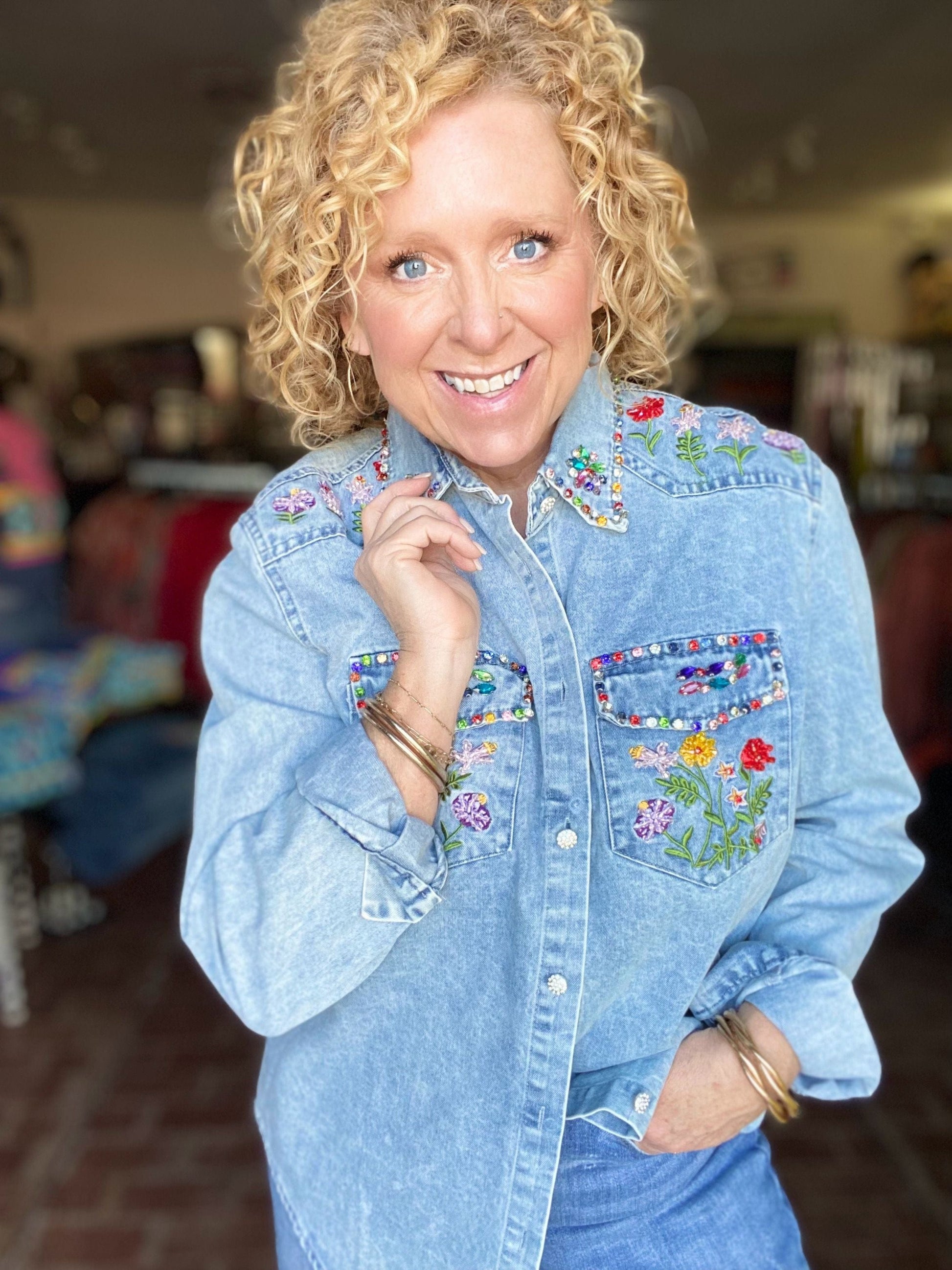 Tops Fancie Sequin Embroidered Denim Top