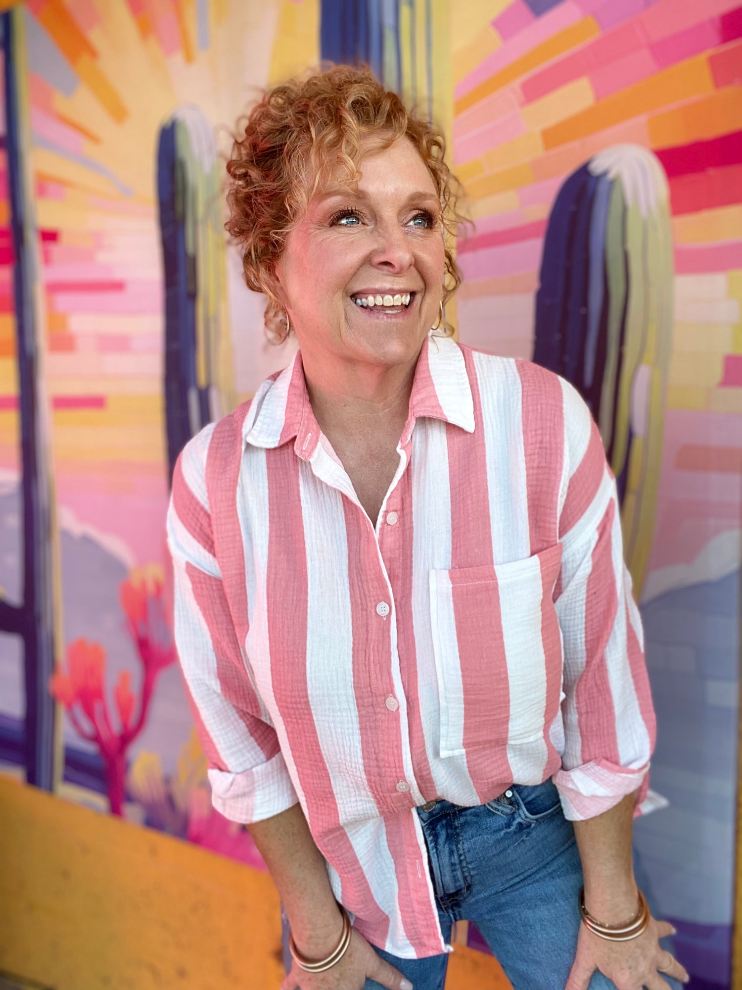 apparel Gauzy Button Down Stripe-Coral