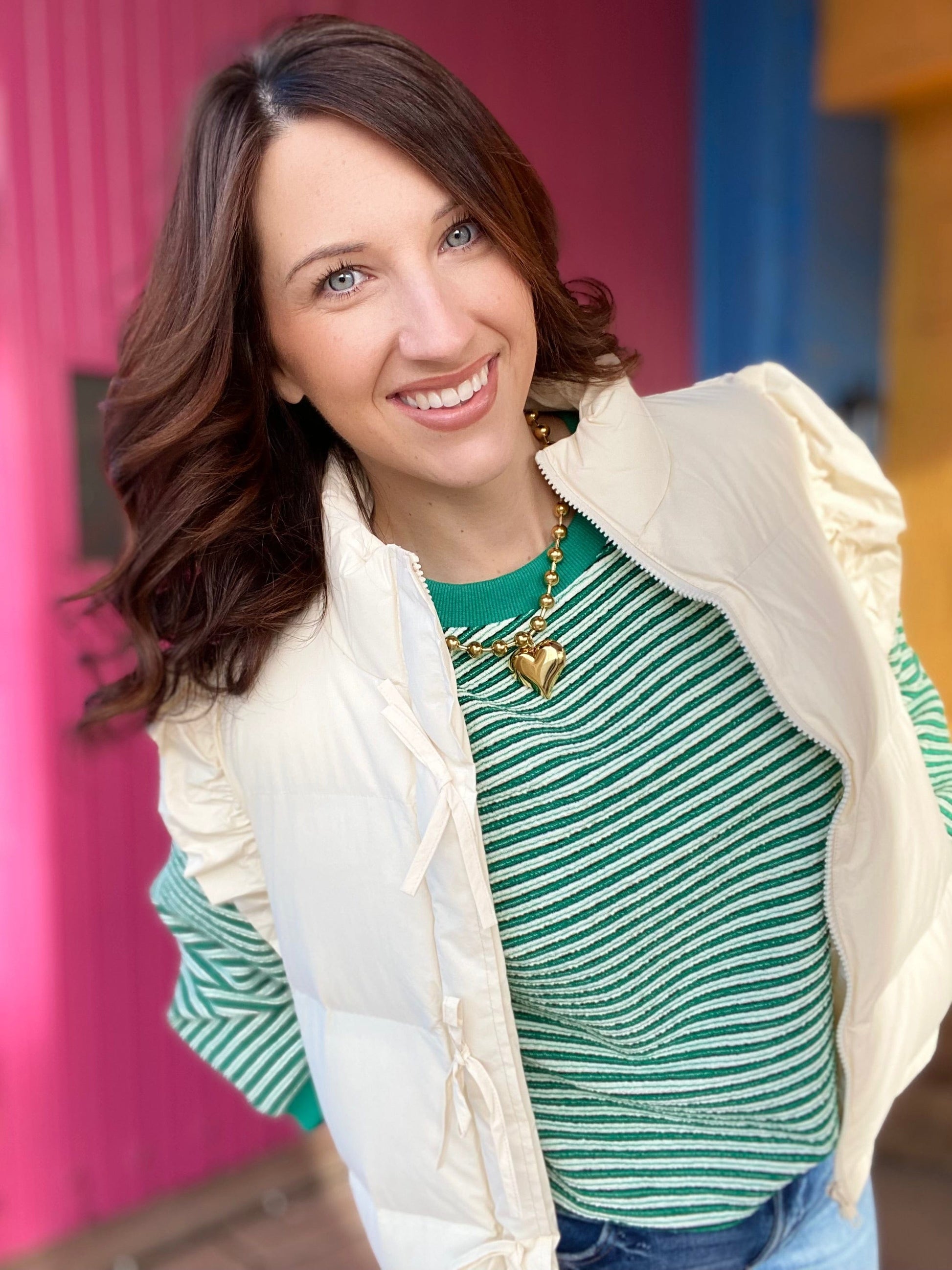 Outerwear Heather Ruffle Puff Vest- Cream