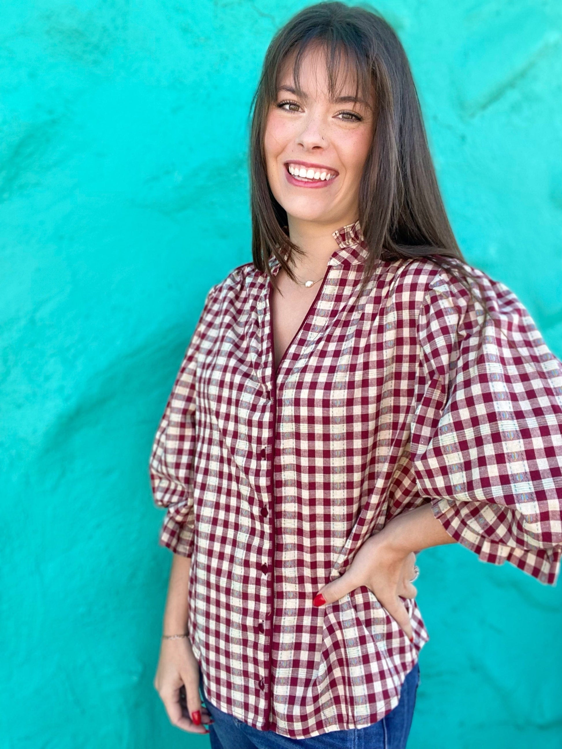 Tops Katie Balloon Sleeve Blouse- Wine GIngham