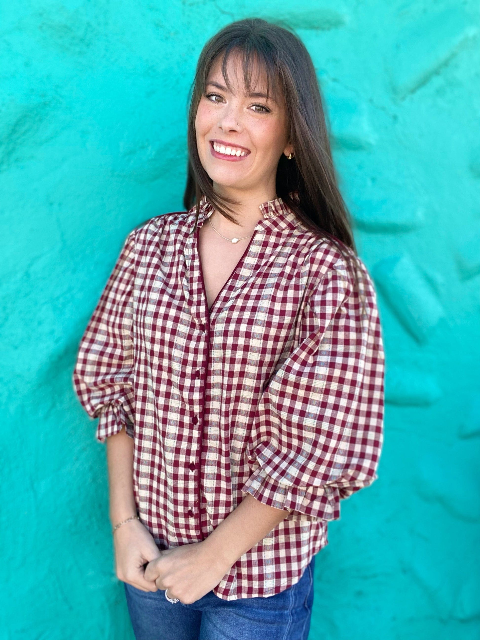 Tops Katie Balloon Sleeve Blouse- Wine GIngham