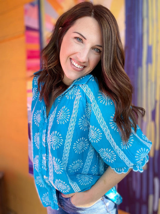 Tops Ocean Blue Cotton Blouse