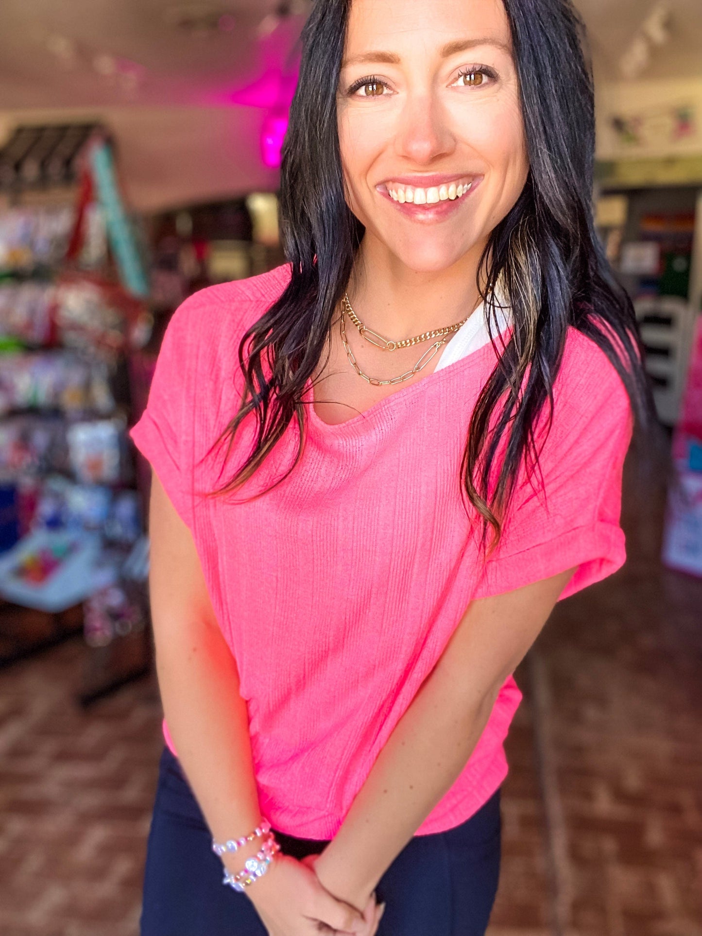 Shirts & Tops Off Shoulder Knit Top- Neon Pink