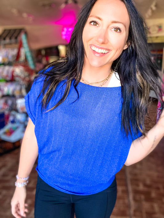 Shirts & Tops Off Shoulder Knit Top- Royal Blue
