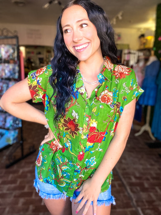Tops Olive Green Floral Button Down