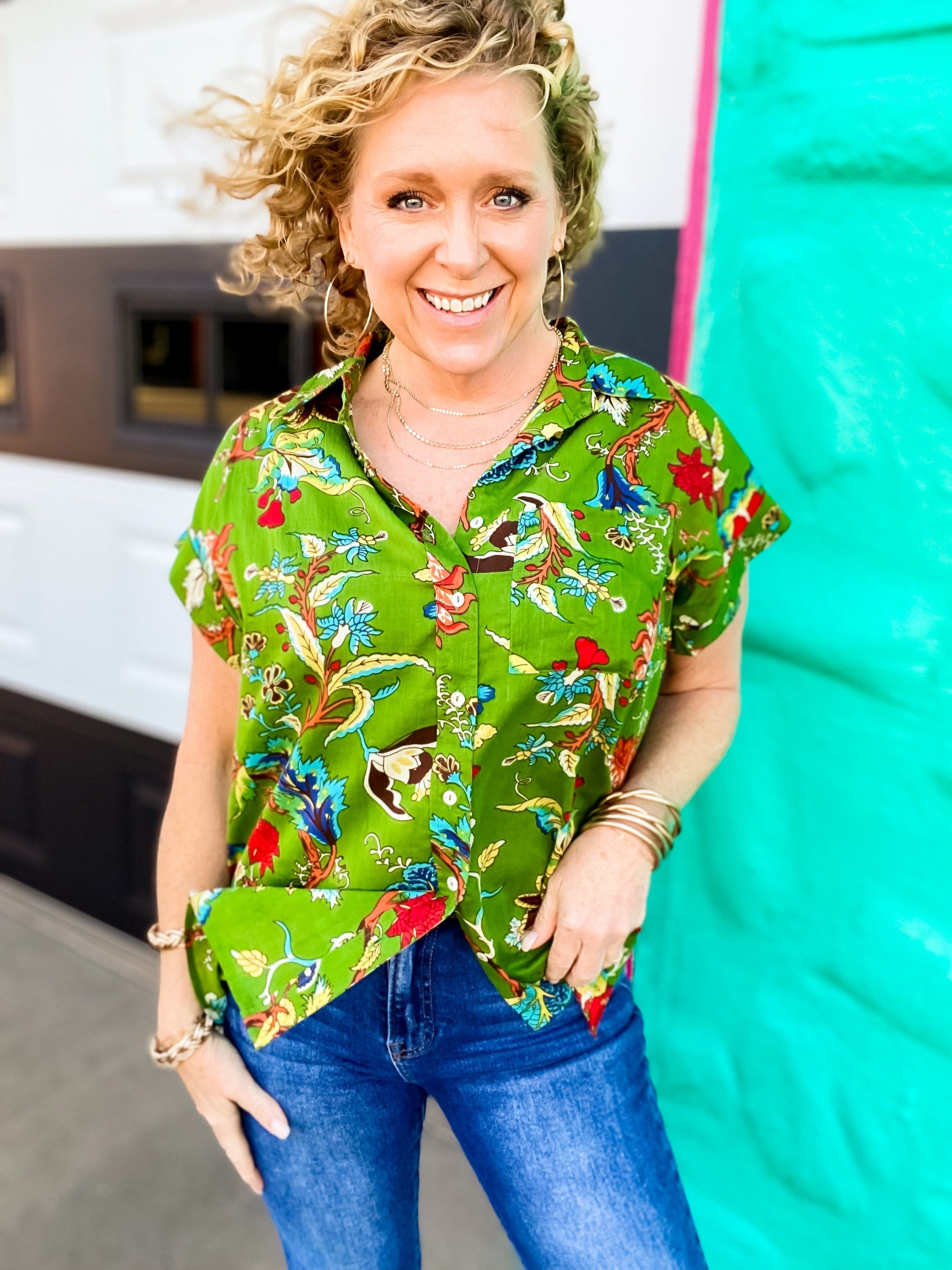 Tops Olive Green Floral Button Down