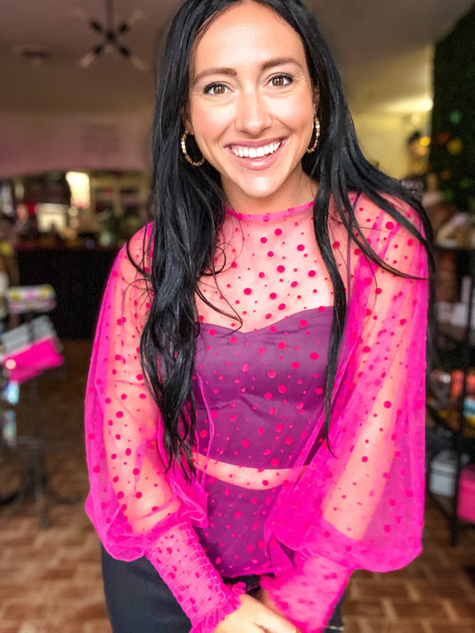 Outerwear Polka Dot Sheer Top-Hot Pink
