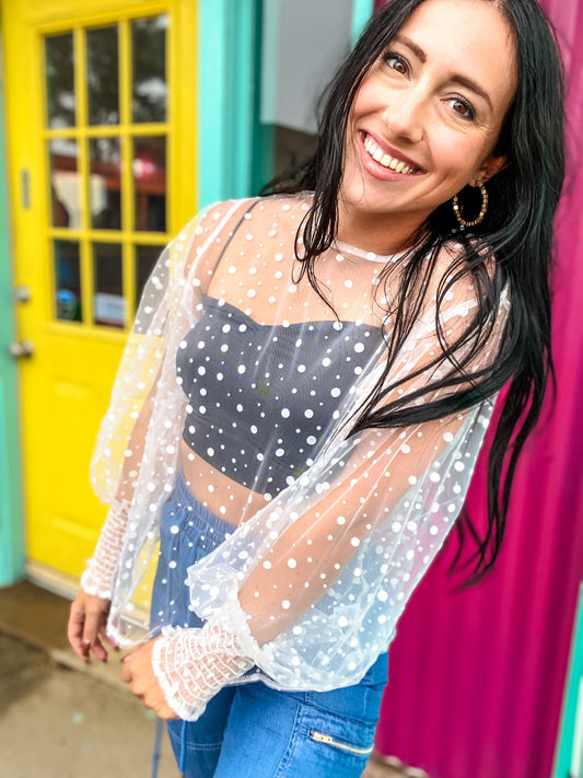 Outerwear Polka Dot Sheer Top-White