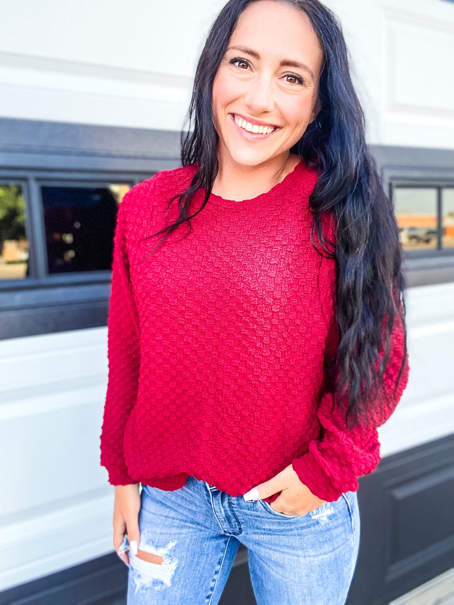 Tops Poppin' Textured Top-Burgundy