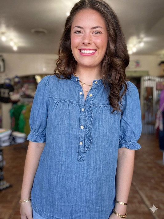 Quinne Denim Ruffle Blouse