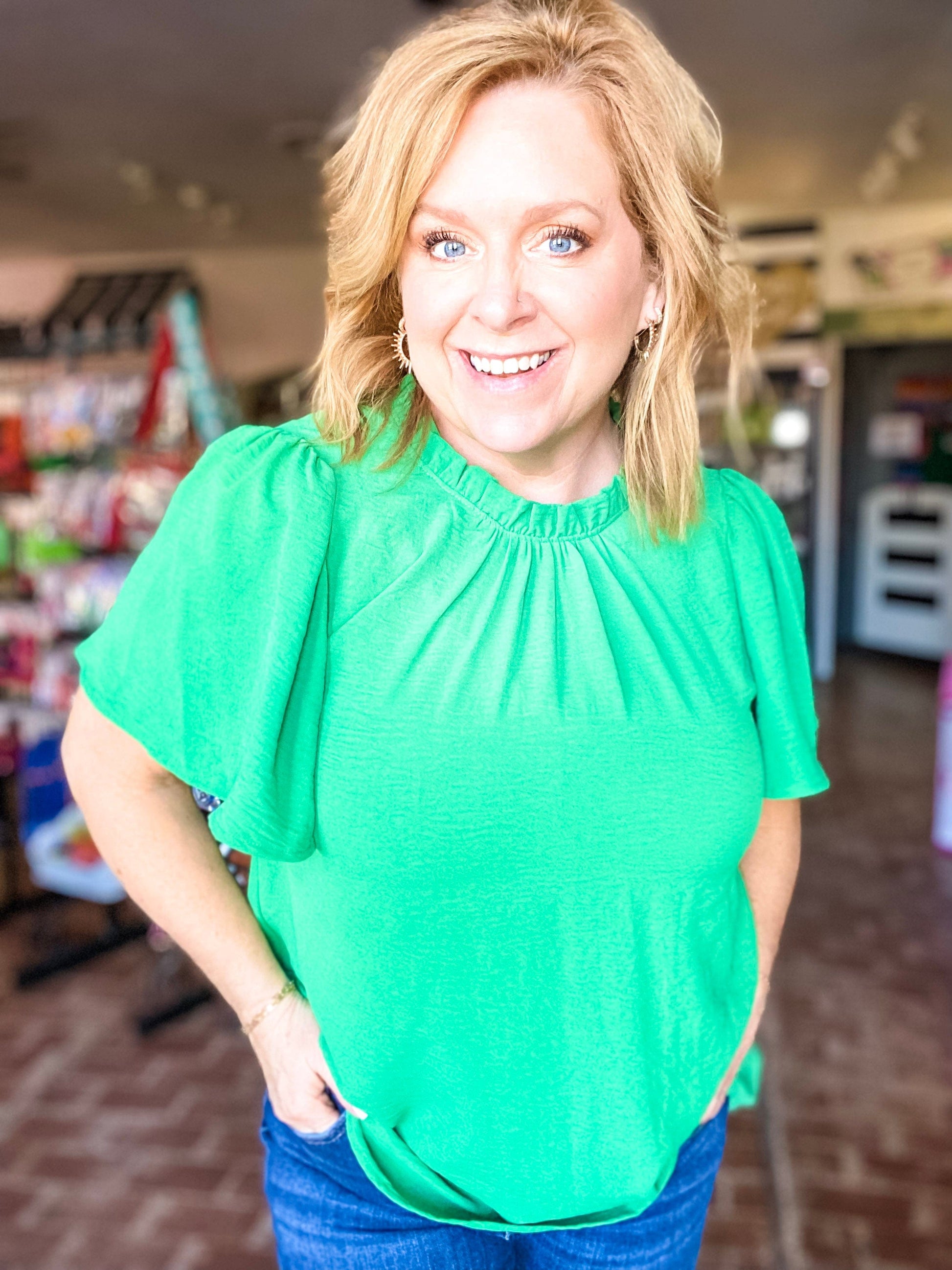 Tops Ruffle Neck Top- Green