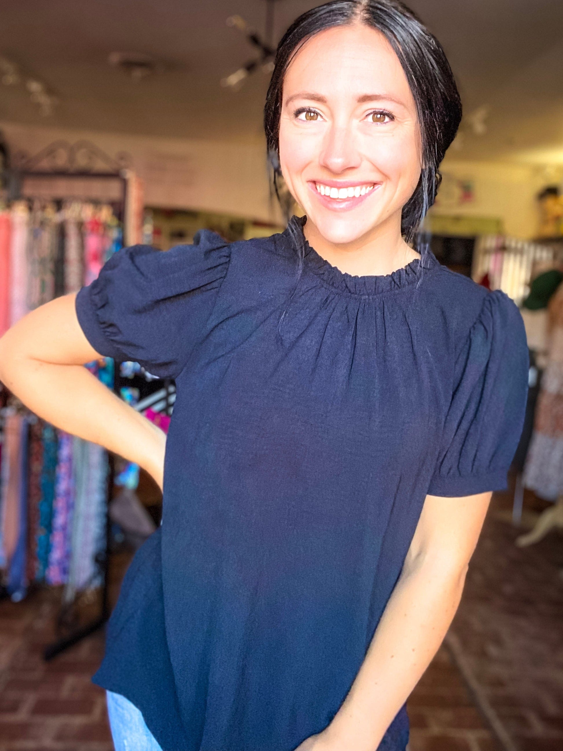 Tops Ryanne Ruffle Neck Top- Black