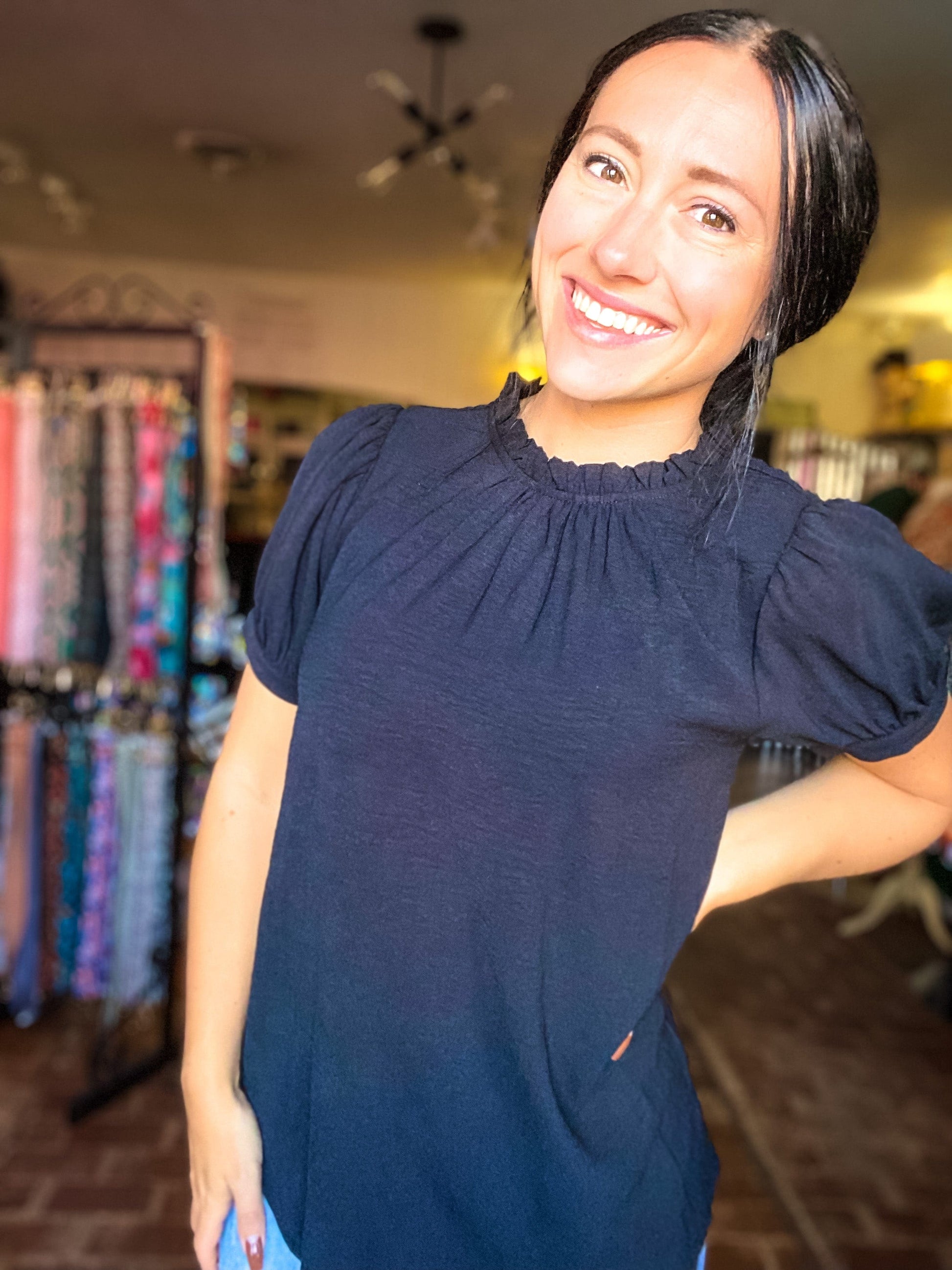 Tops Ryanne Ruffle Neck Top- Black
