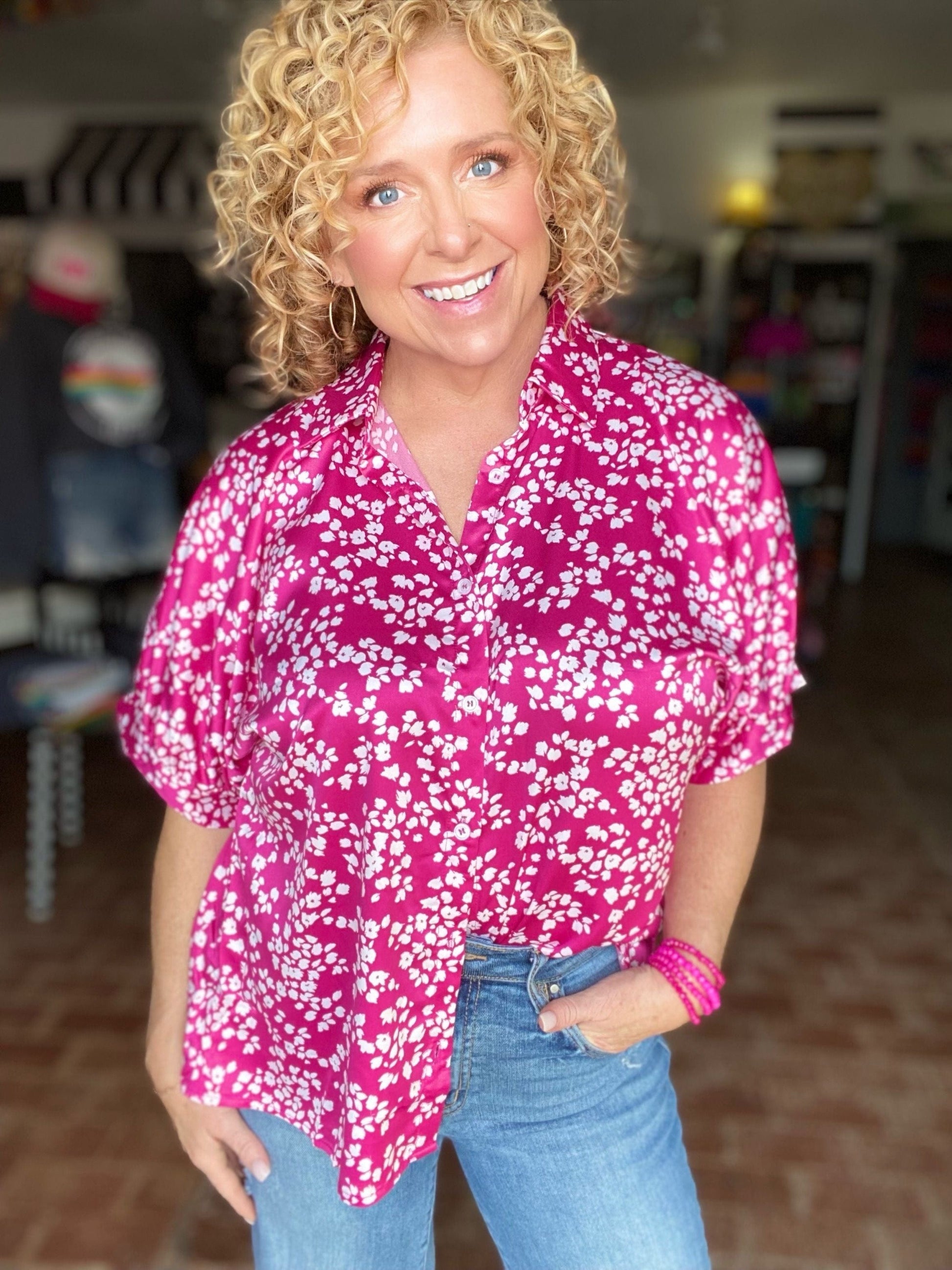 Tops Satin Ditzy Floral Blouse