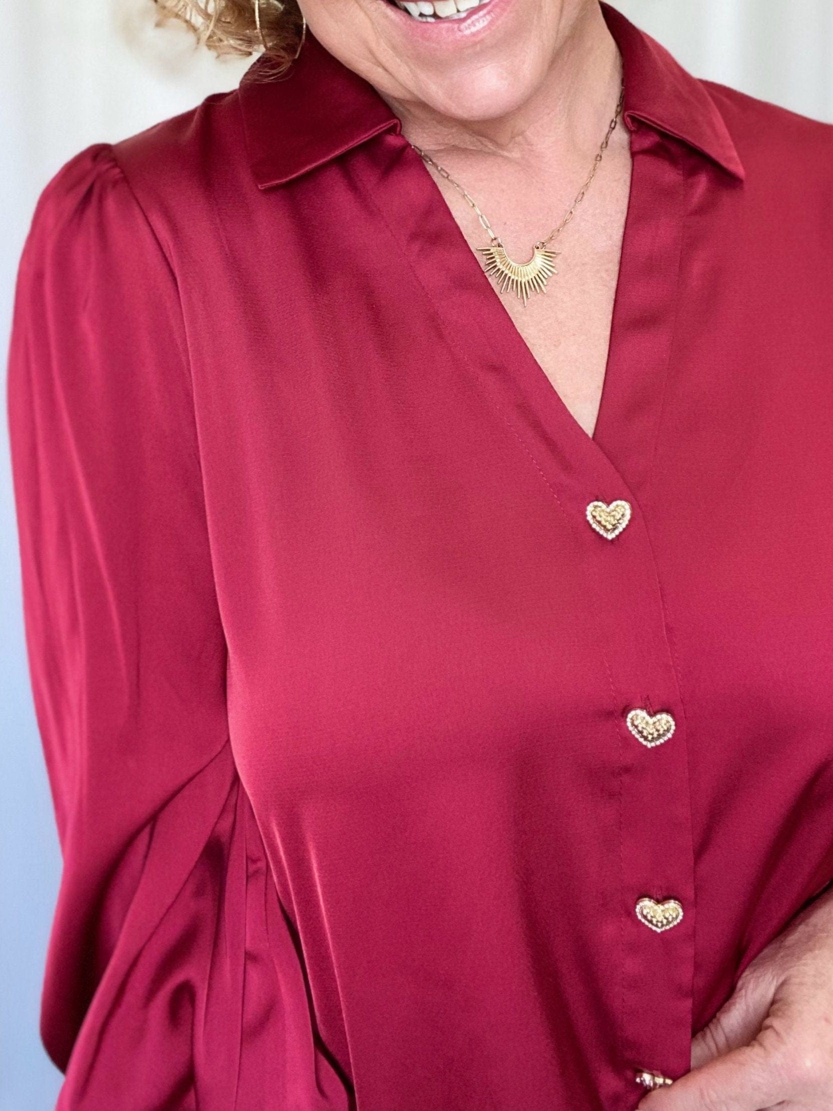 Tops Satin Heart Button Blouse- Red