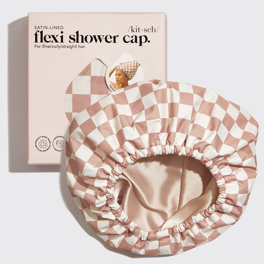 Other Goodies Satin Lined Flexi Shower Cap - Terracotta Checker