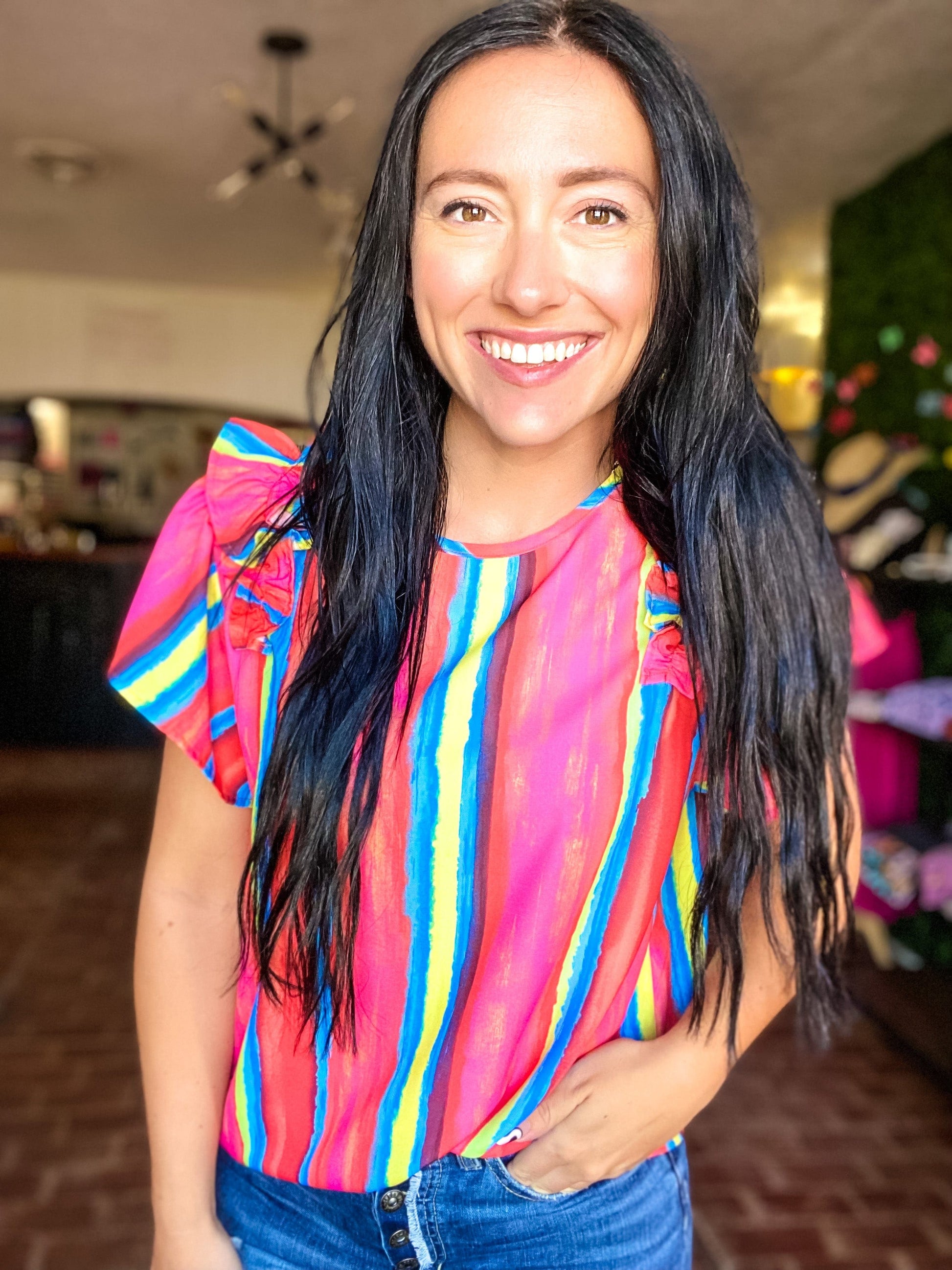 Tops Serape Ruffle Sleeve Top