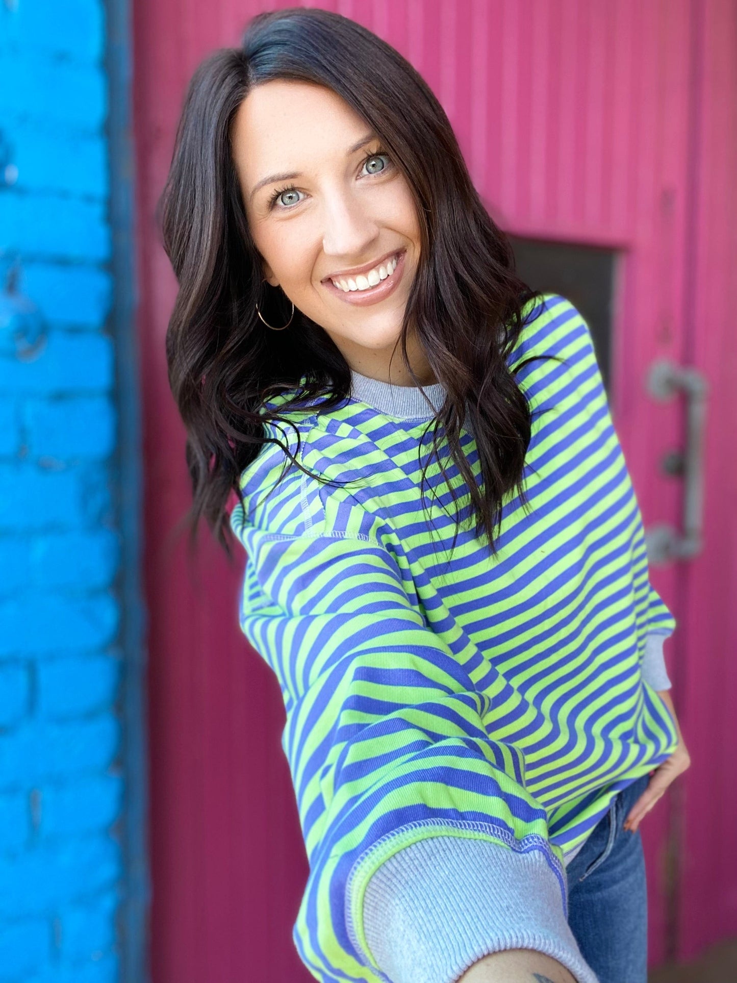 Shirts & Tops Thalia Striped Pullover- Green and Blue