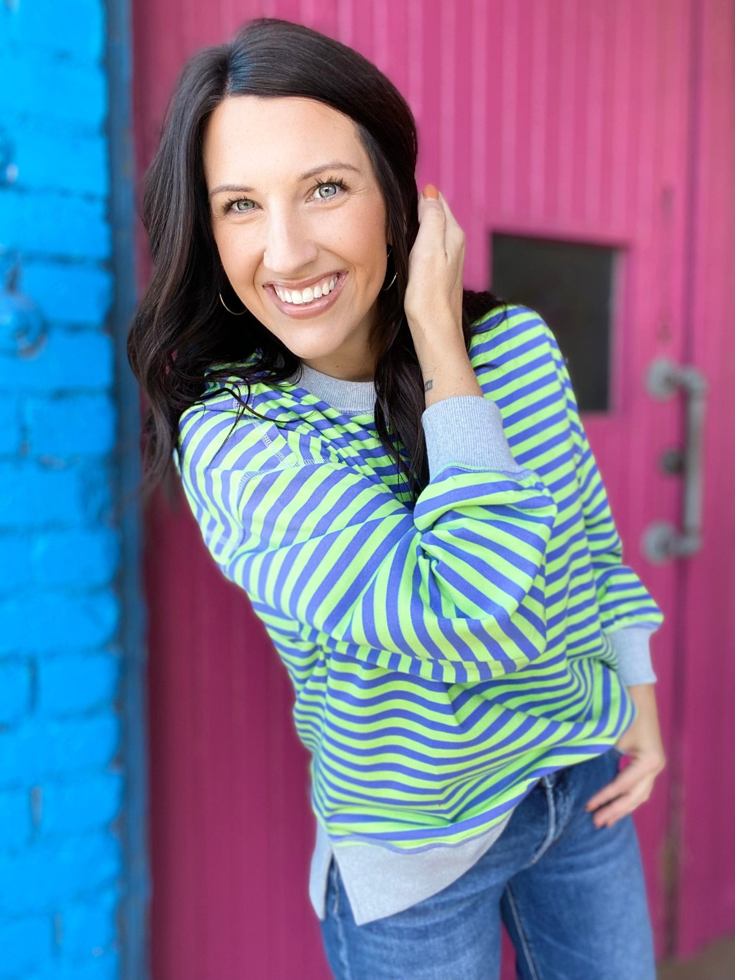 Shirts & Tops Thalia Striped Pullover- Green and Blue