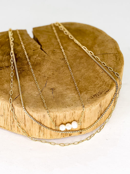 Necklaces Triple Chain Dainty Pearl Necklace-Gold