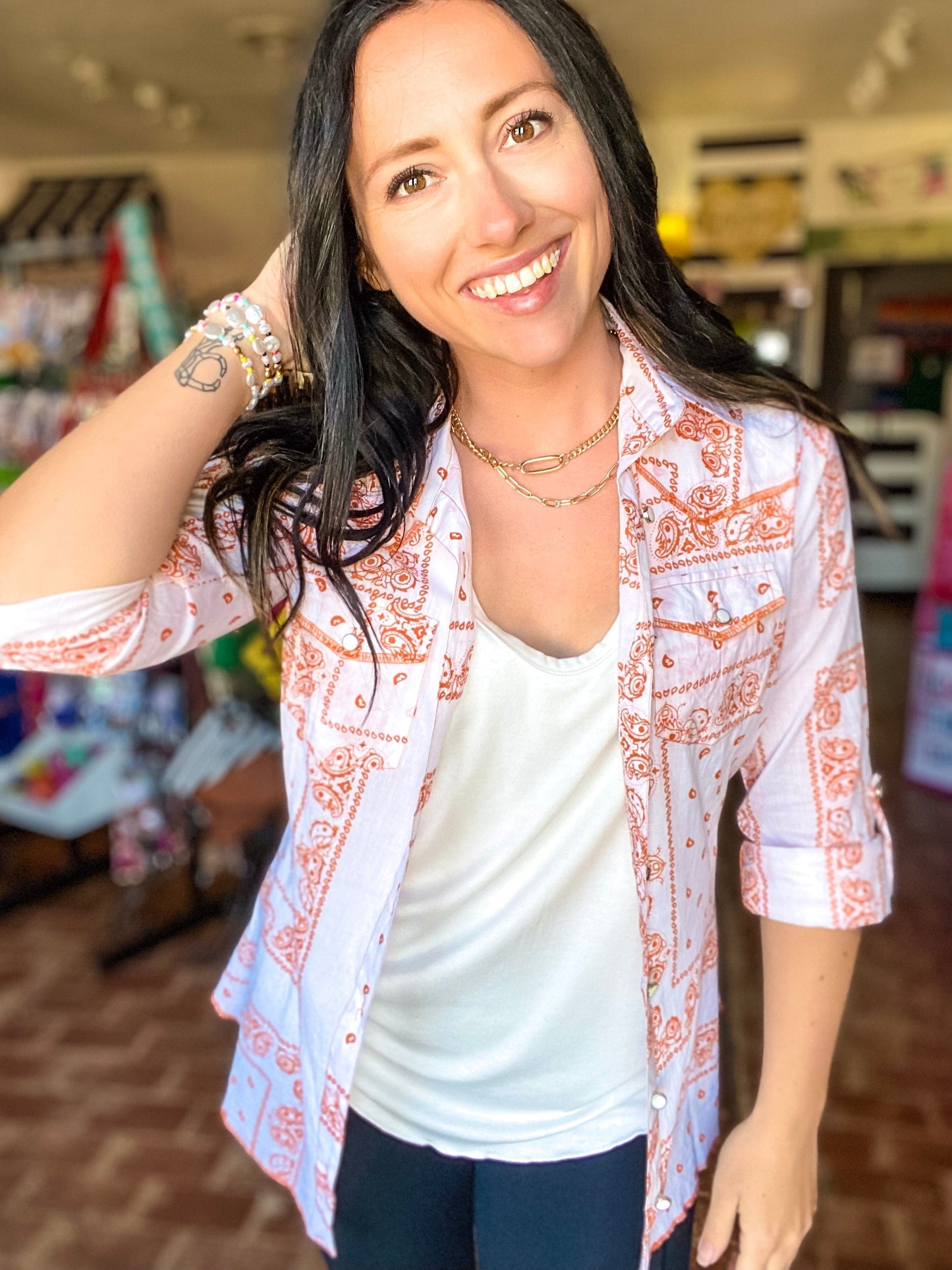 Tops Vintage Button Down Paisley Orange
