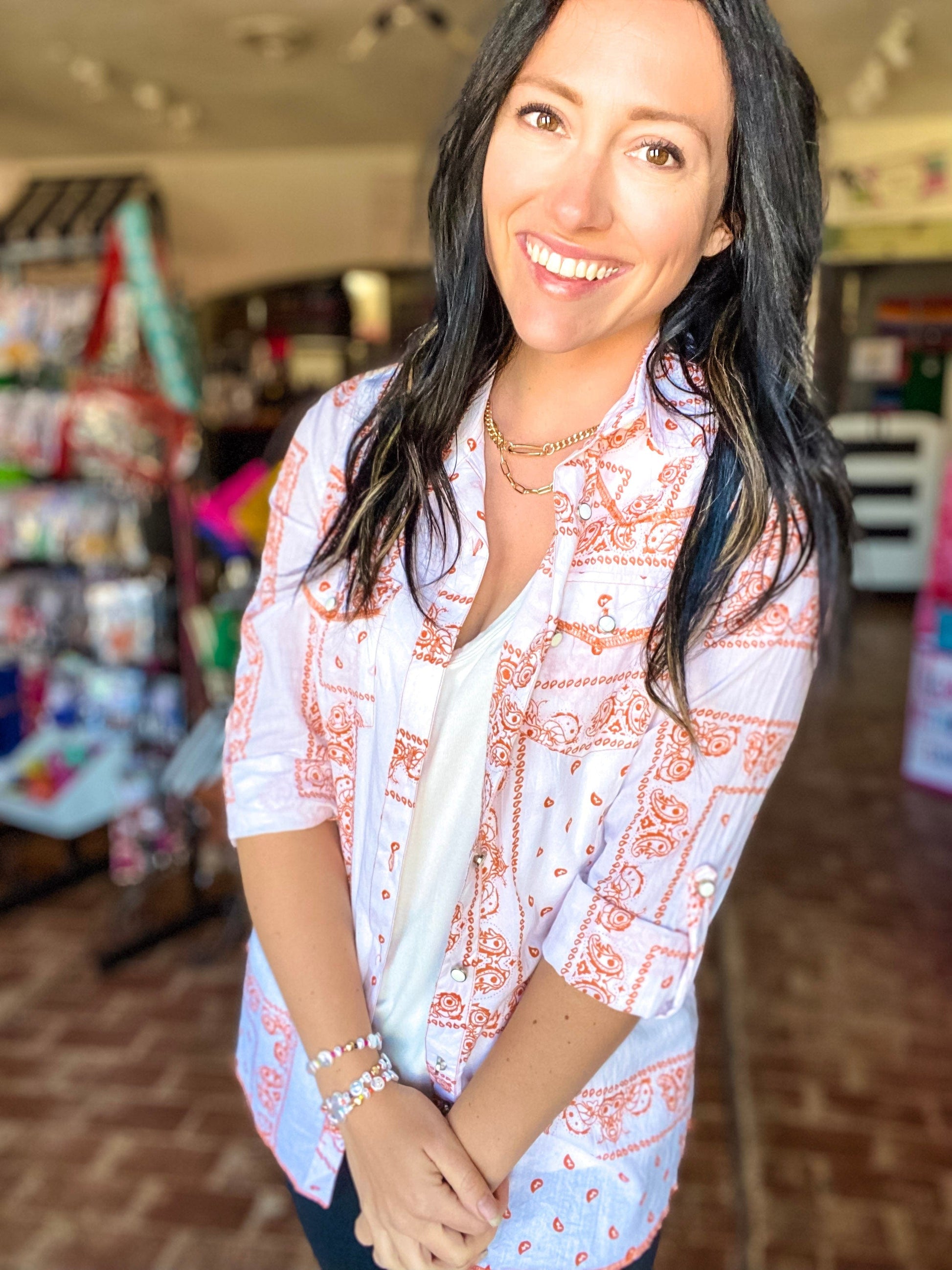 Tops Vintage Button Down Paisley Orange