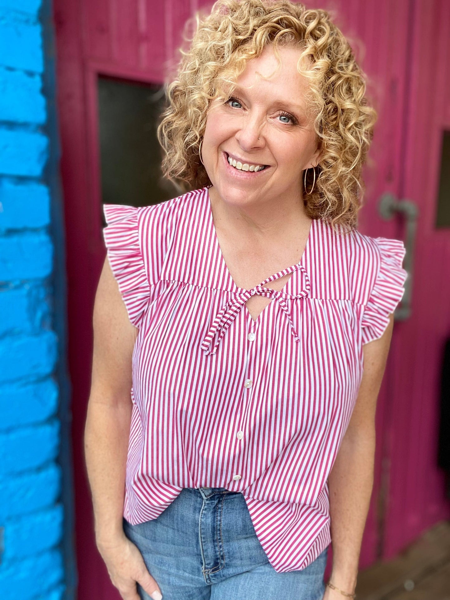 Tops Vneck Ruffle Stripe Top- Red