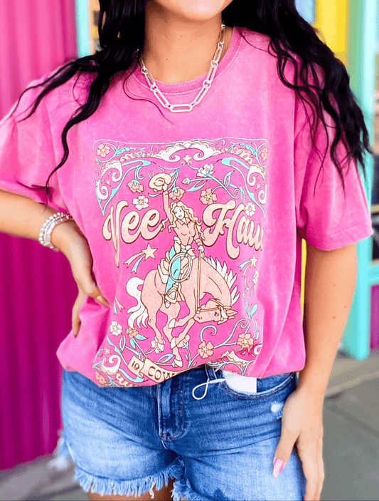 Graphic Tees Yeehaw Mineral Washed Tee in Hot Pink