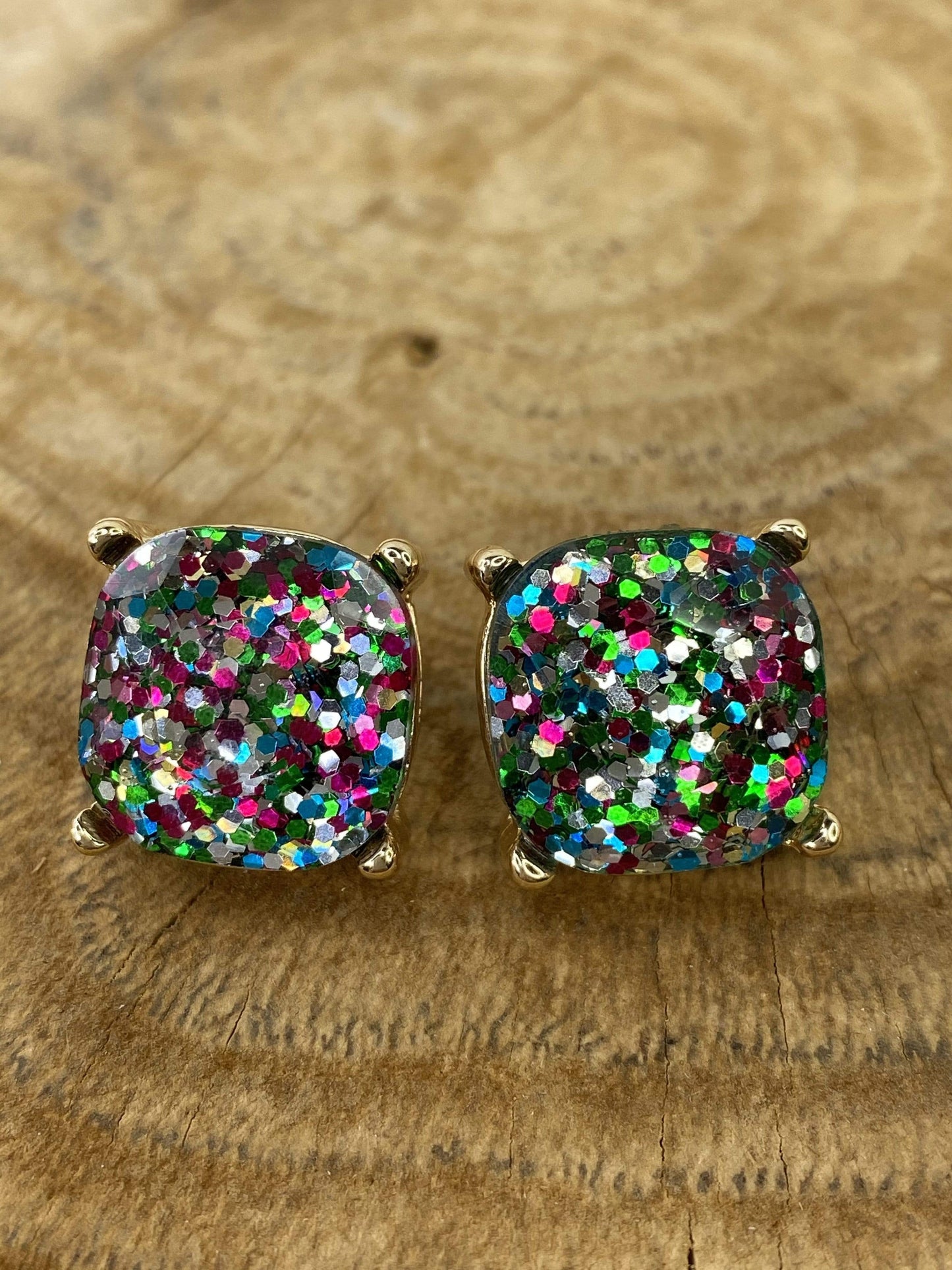Earrings Tell me About it Stud Green + Pink Glitter