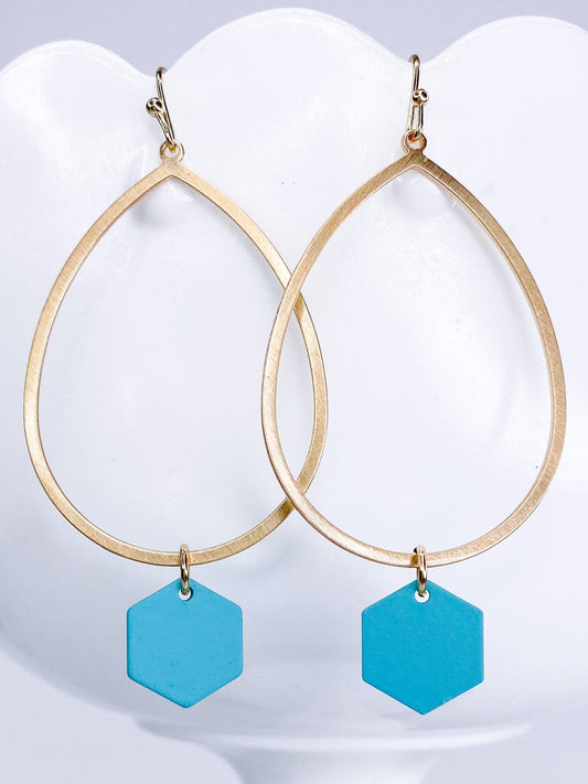 Earrings Hexed Tear Drop- Teal