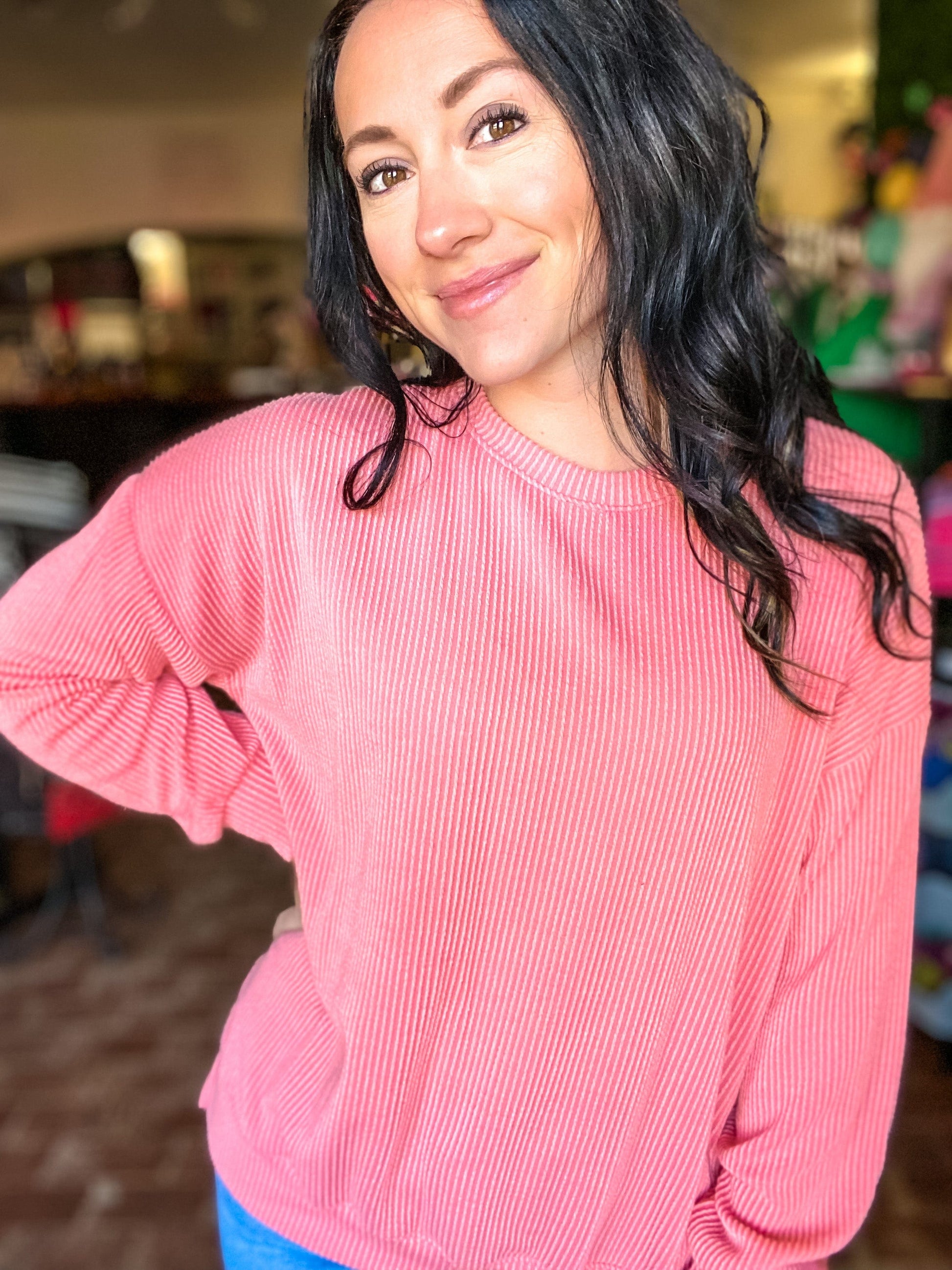 sweatshirt Ribbed Pullover- Coral