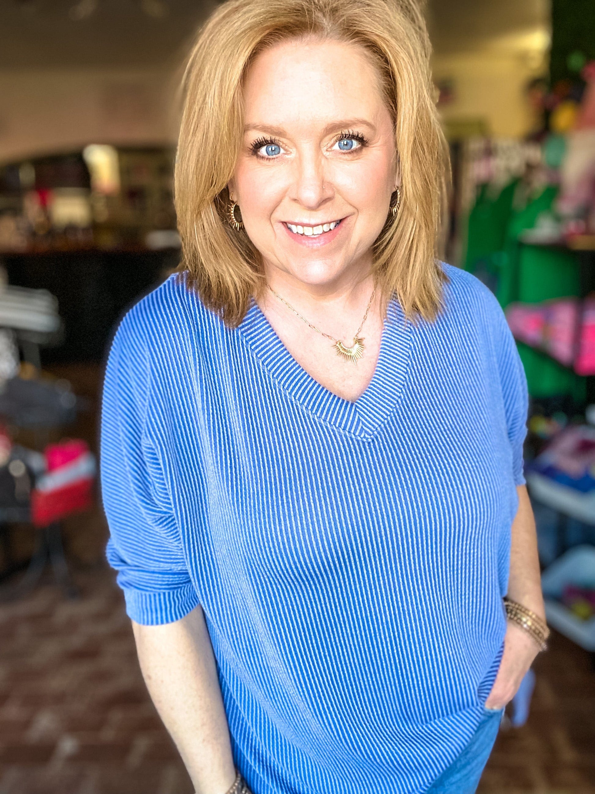 Tops Ribbed Vneck Oversized Tee Blue