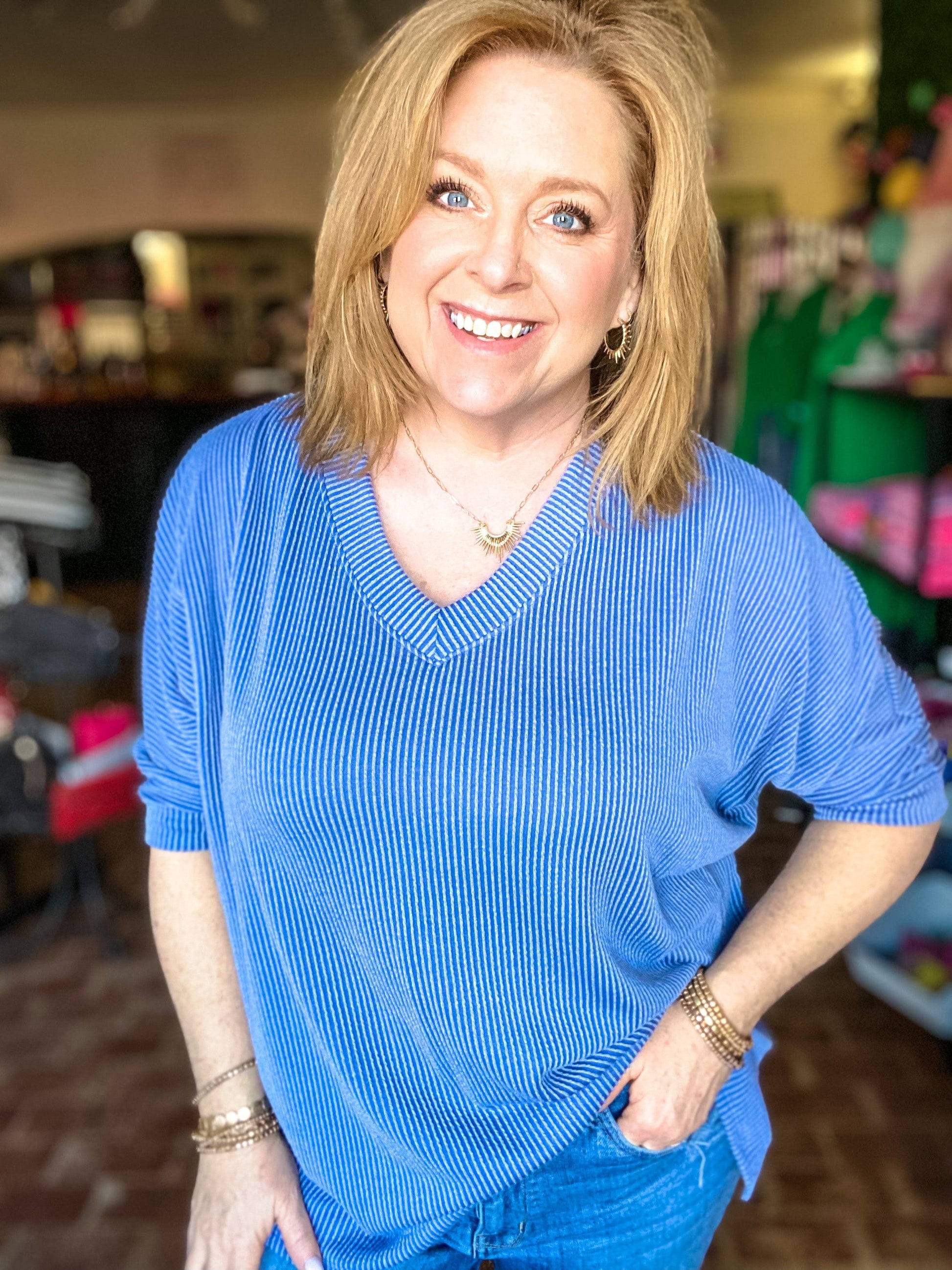 Tops Ribbed Vneck Oversized Tee Blue