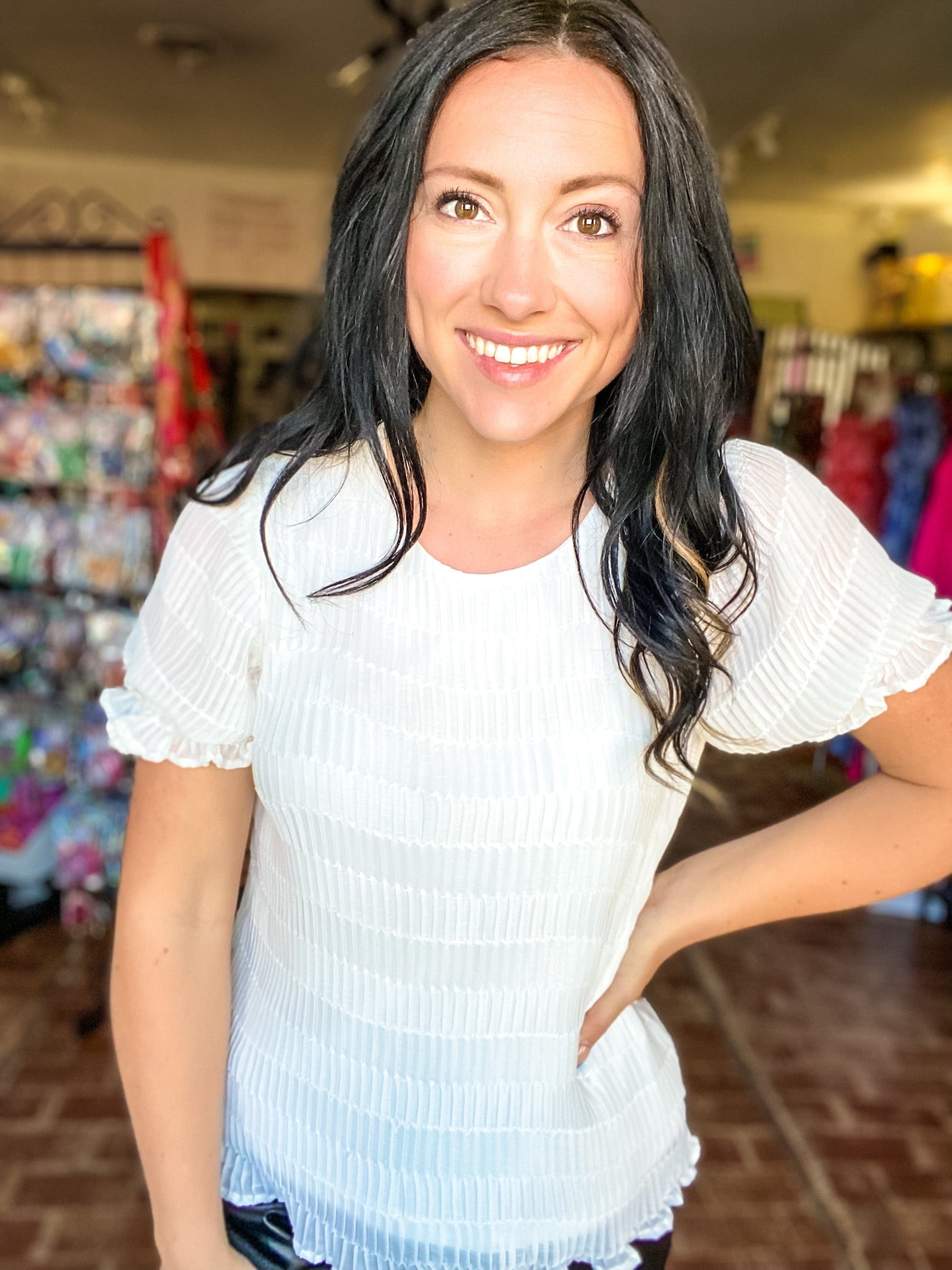 Tops Textured Puff Sleeve Top White